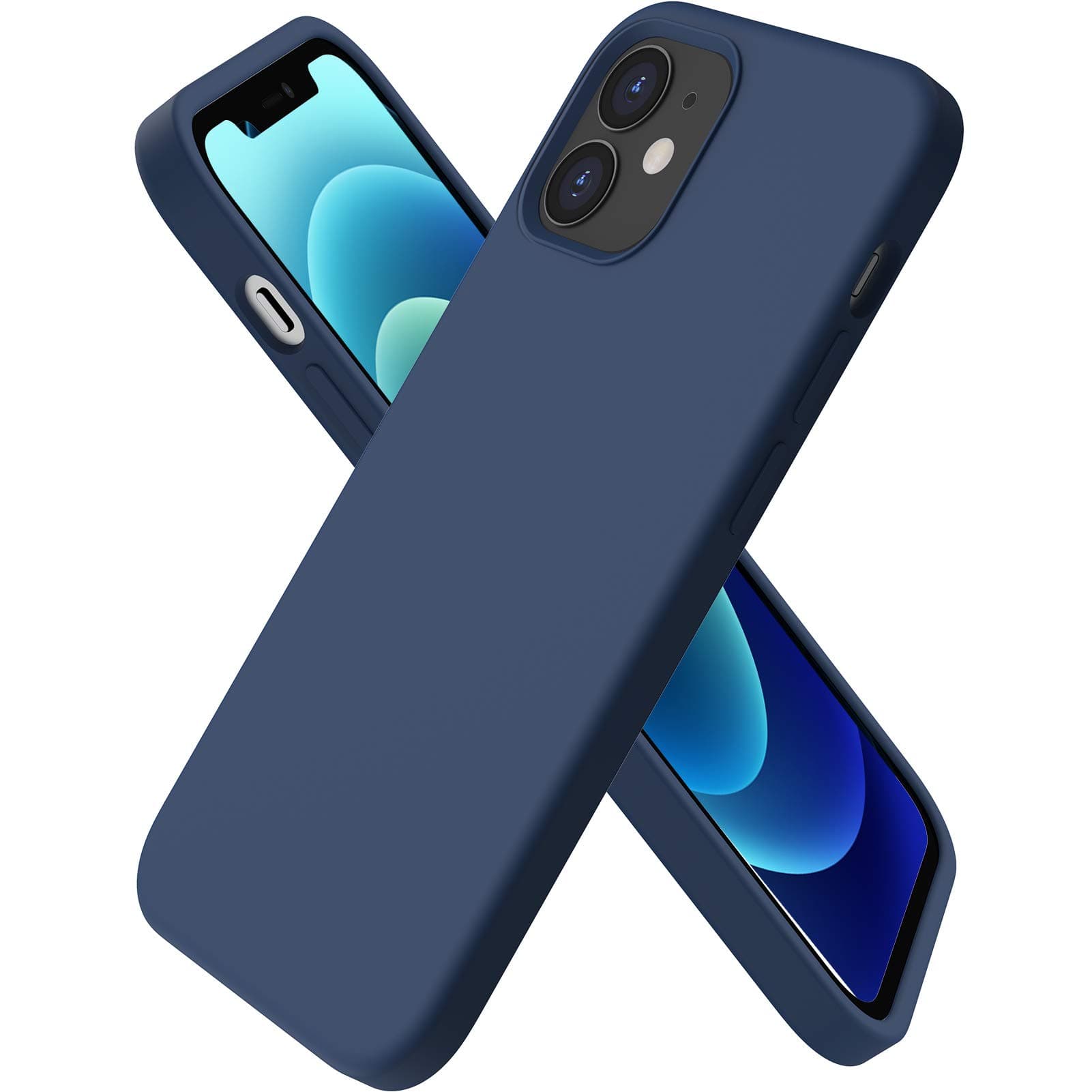 Compatible with iPhone 12 Mini Case, Slim Liquid Silicone 3 Layers Full Covered Soft Gel Rubber with Microfiber Case Cover 5.4 inch-Navy Blue