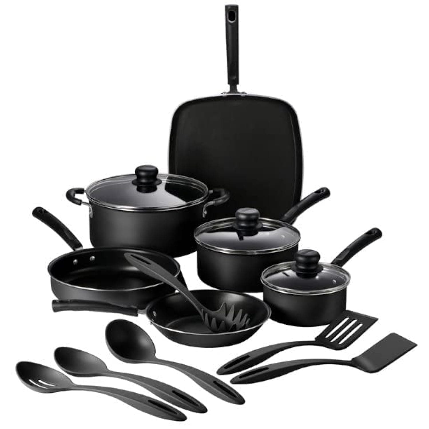 Tramontina Primaware 15-Piece Non Stick Cookware Set with Lids and Utensils, Aluminum Nonstick Pots and Pans Kitchen Set (Storm)