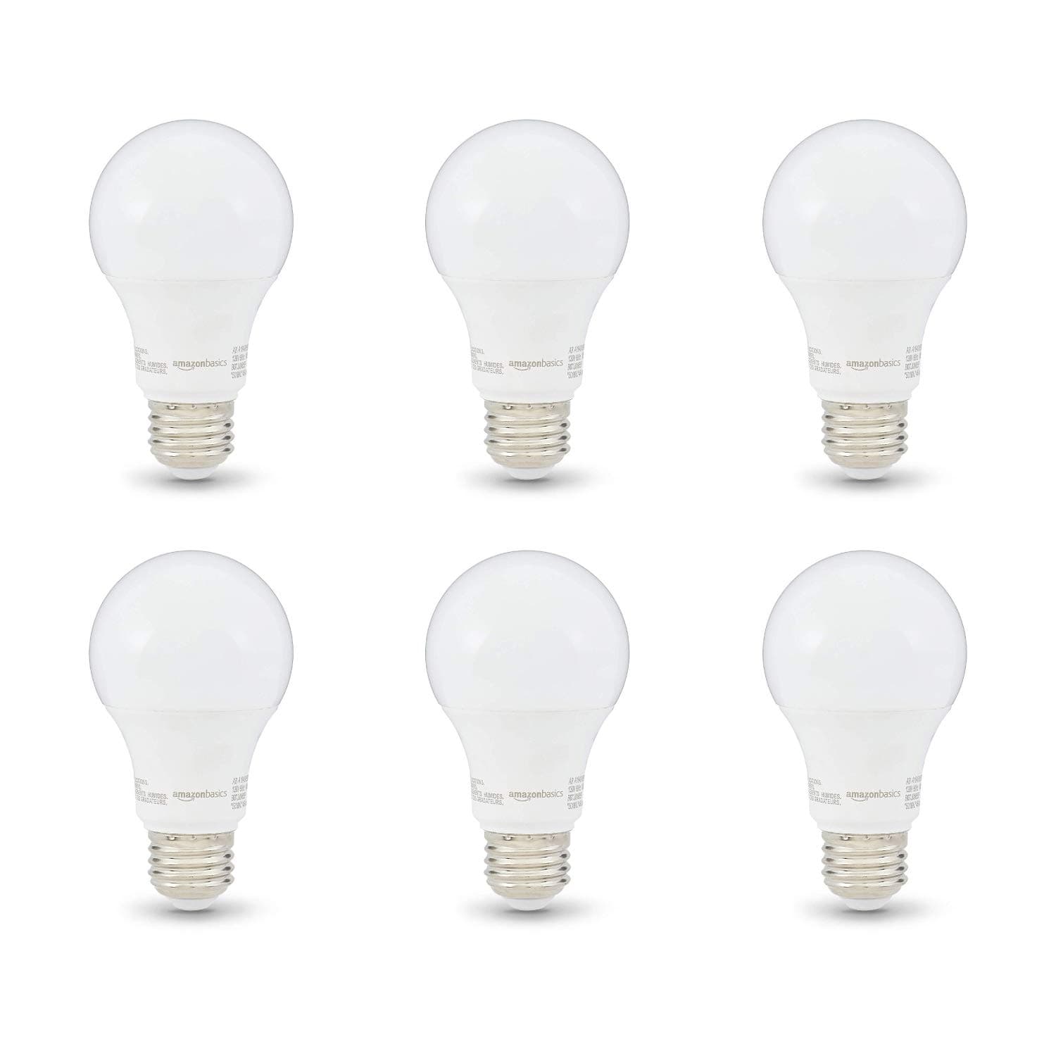 Amazon Basics Non-Dimmable LED Light Bulbs, Great Brightness, 40W Equivalent, 6W, E26 Standard Base, 2700K, 10,000 Hour Lifetime, Soft White A19, 6-Pack