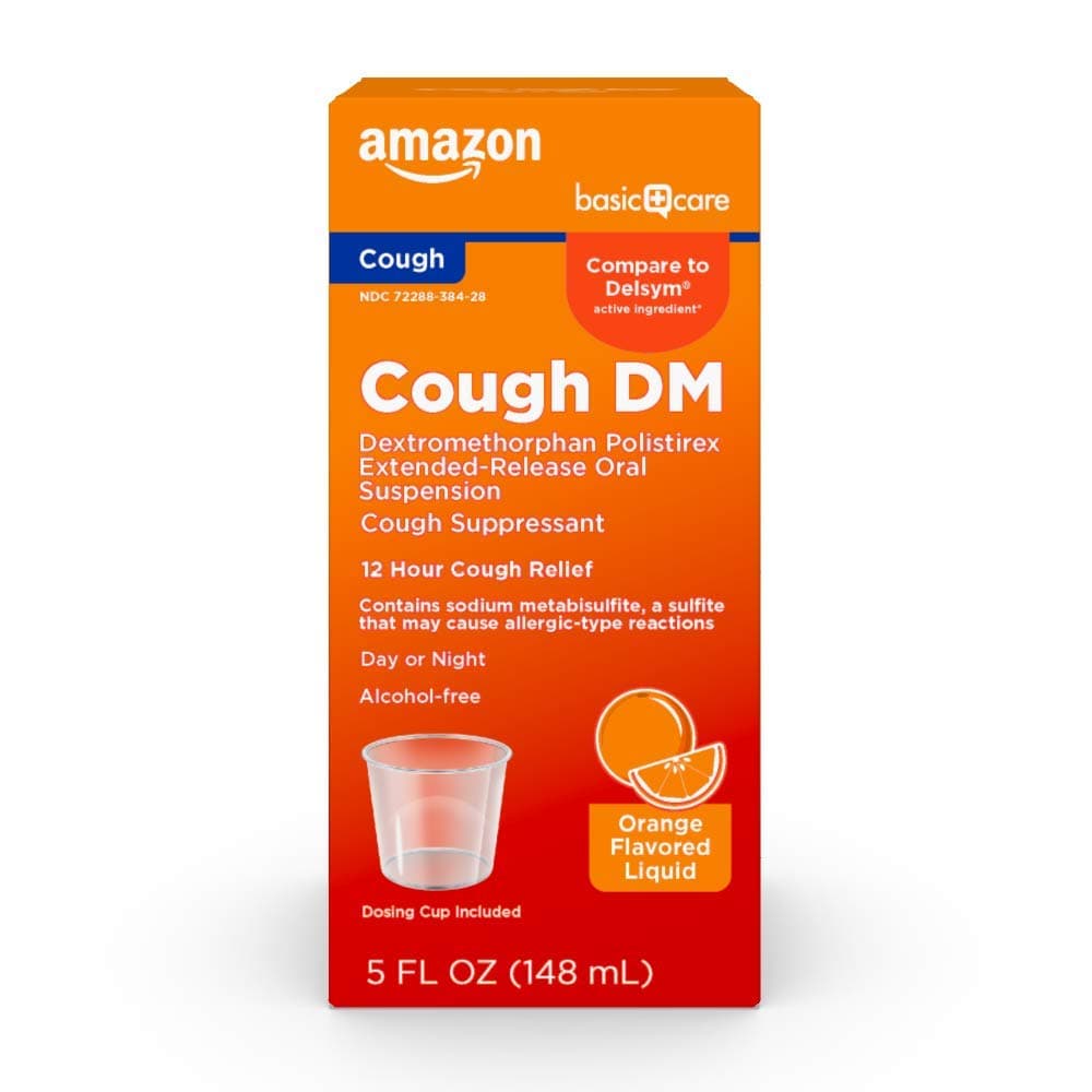 Amazon Basic Care 12 Hour Cough DM Syrup, Extended-Release Dextromethorphan, Orange Flavor Cough Medicine, Cough Relief, 5 fl oz (1-Pack)