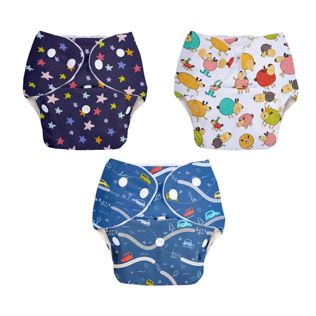 BASIC Pack of 3 Reusable Cloth Diaper for babies 0-3 Years | Freesize Adjustable and Reusable Cloth Diaper | Outer Shell only | (WITHOUT dry feel pad /soaker / insert) | Print may vary