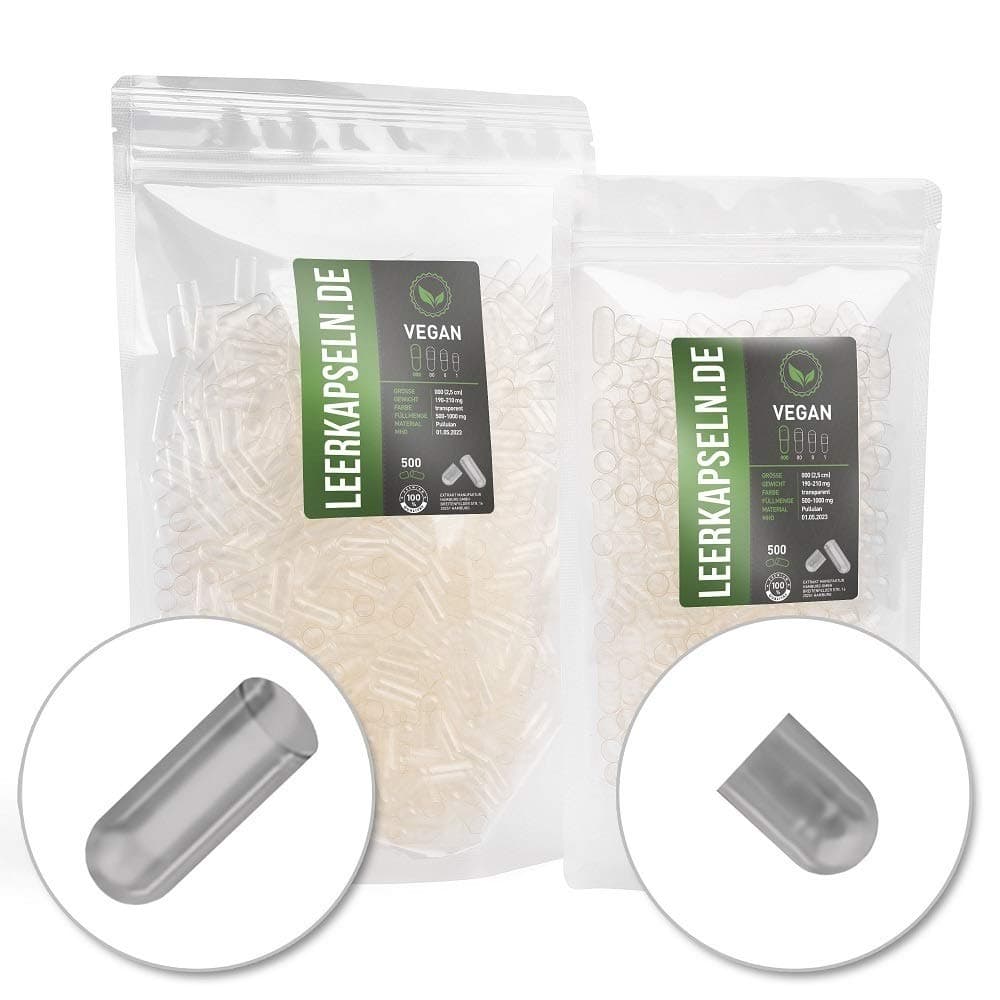 500 empty capsules | size 000 | PULLULAN caps | separated halves with large filling quantity transparent vegan vegetarian | halal kosher supplements (500)
