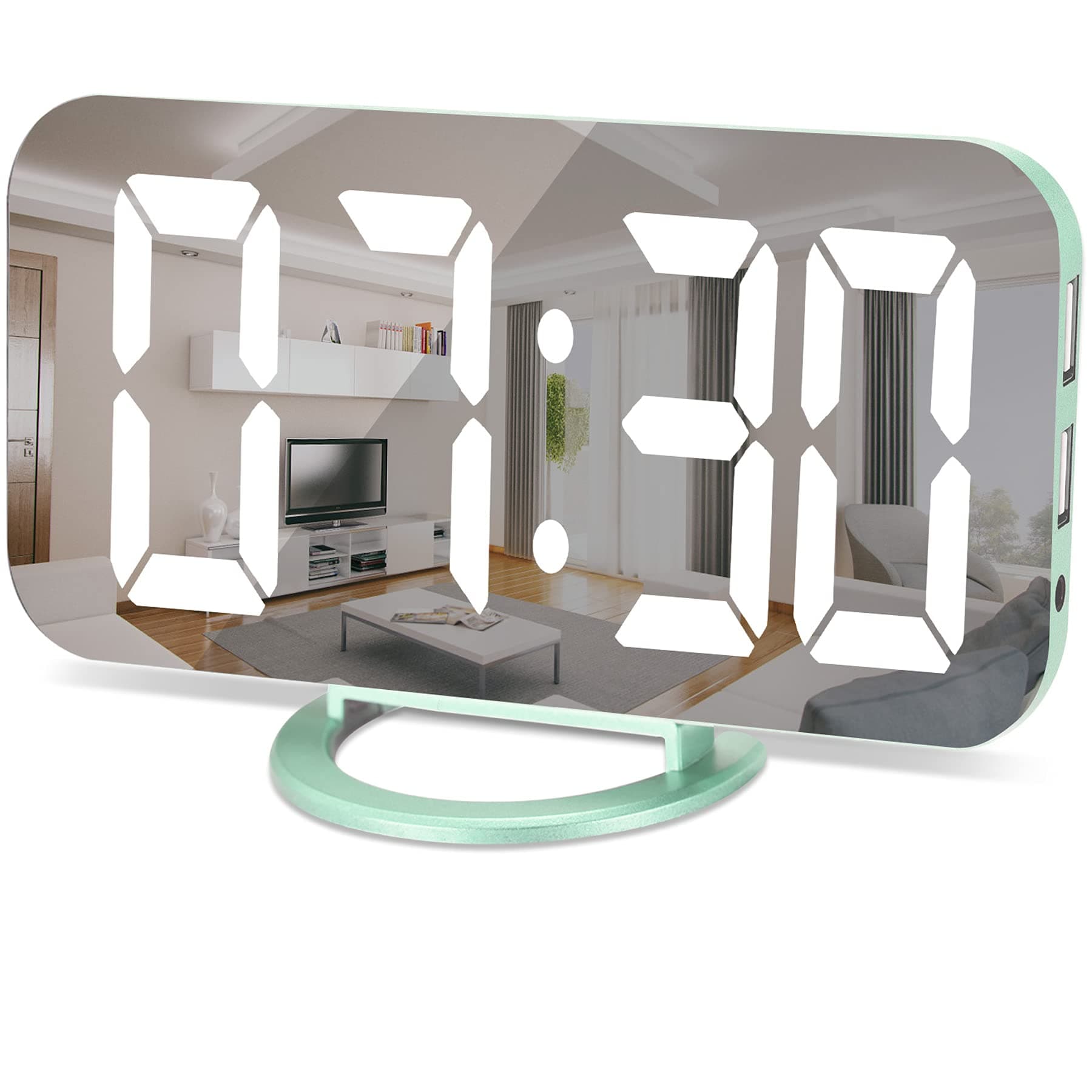 Digital Clock Large Display,Alarm Clocks Mirror Surface,with 2 USB Charger Ports,Auto Diming, Snooze, Small Desk Electric Clock for Bedroom Office Living Room Decor - Green