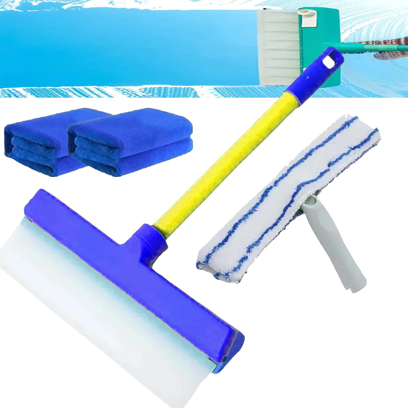 3 in 1 Window Cleaning Scraper aqua blade squeegee & Rotatable Rubber Squeegee and Microfiber Scrubber (Blue)