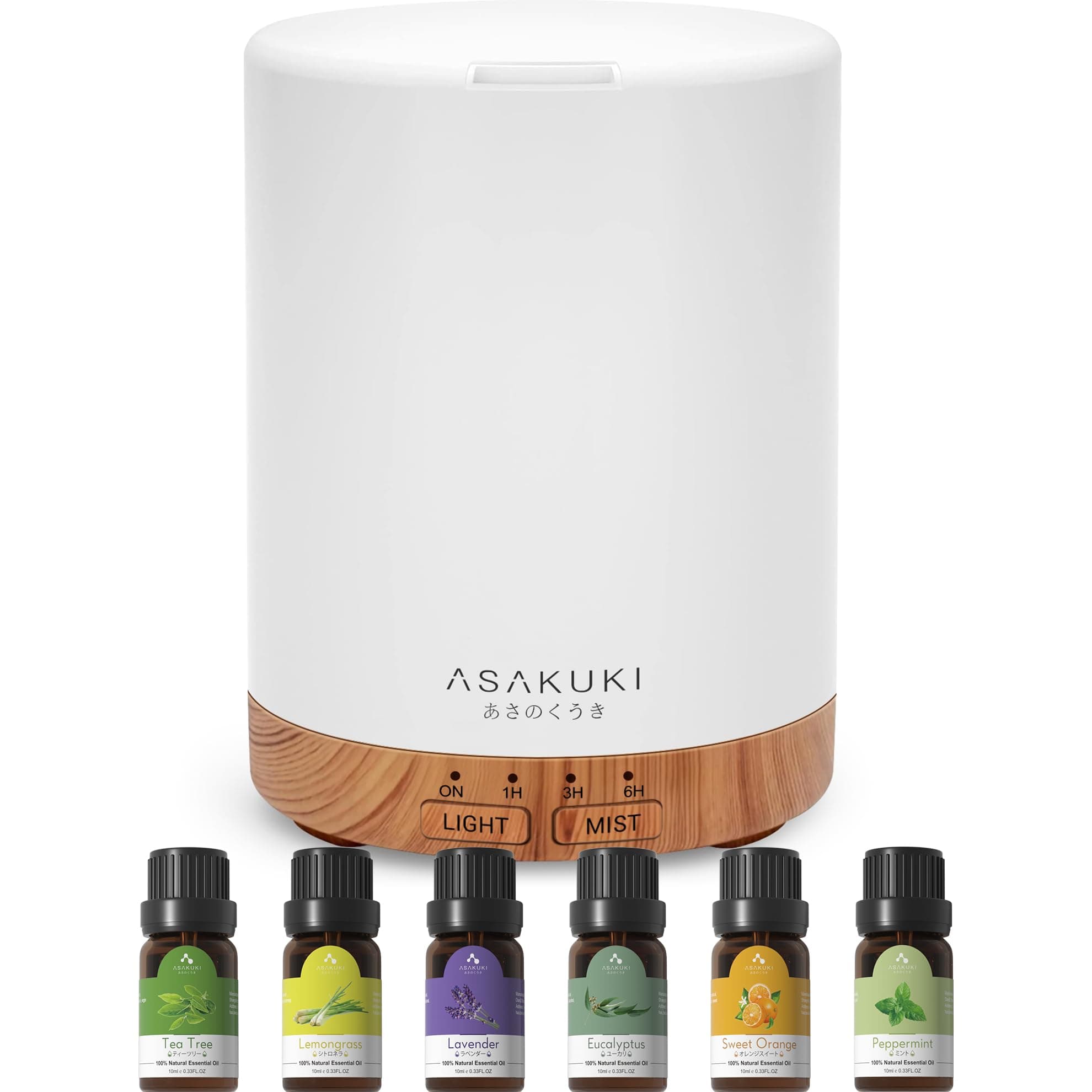 Diffuser 300ml with 6x10ml Essential Oils Set, Essential Oil Diffuser Ultra-Quiet with 7 Colour Lights, Auto Shut-Off for Home Bedroom Office, Ultrasonic Cool Mist Aroma Diffuser Gift Set
