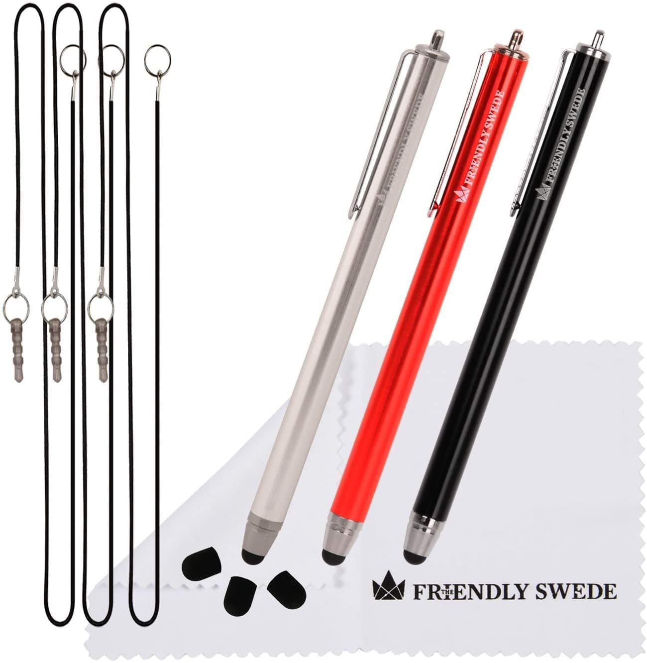 Stylus Pen for Touchscreen — 3-Pack 5.5" High Precision Stylus Pen with Replaceable Thin Tips, Elastic Lanyards & Screen Cleaning Cloth - Red/Black/Silver