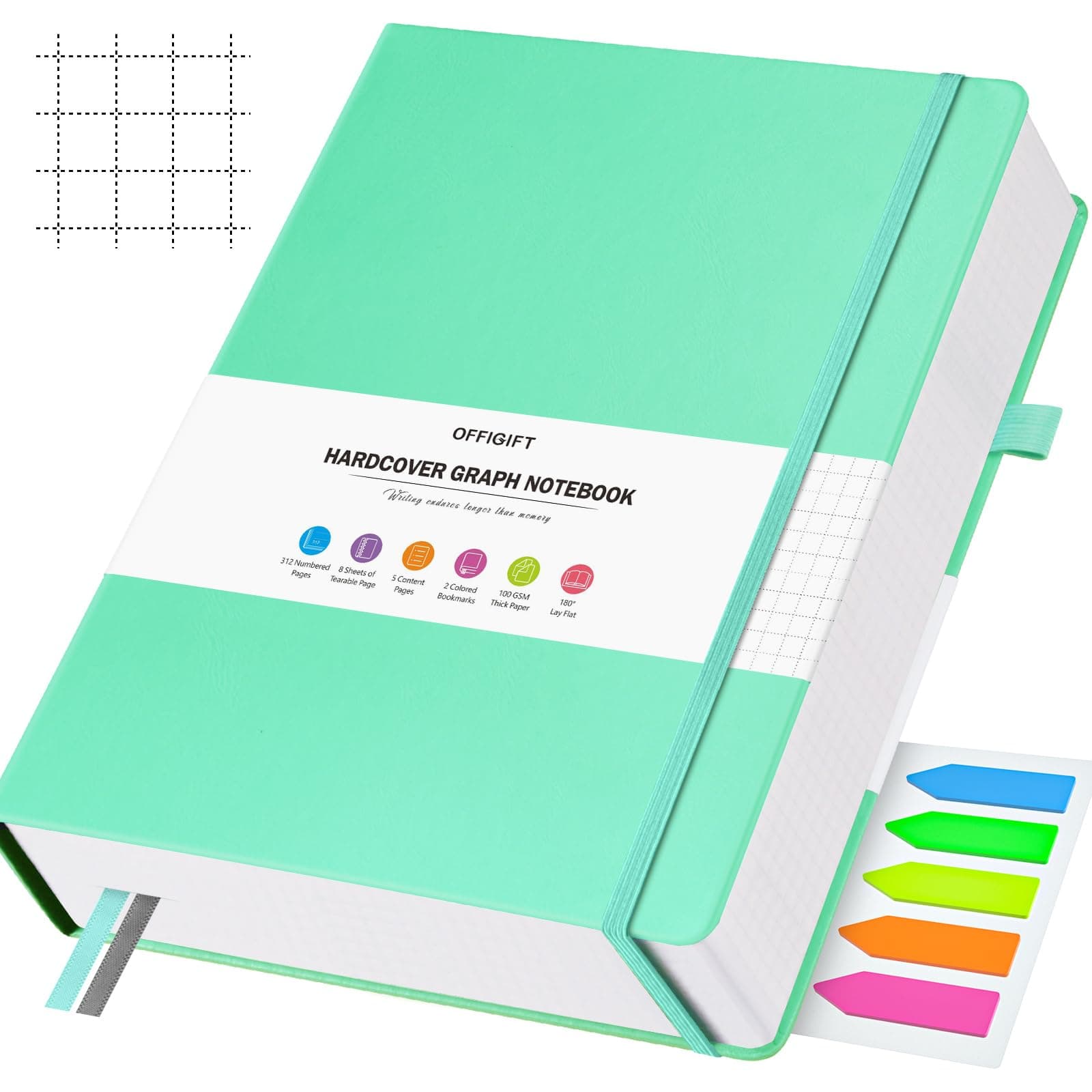 OFFIGIFT Squared Paper Notebook A5, 312 Numbered Pages Hardback Leather Journal, 100gsm No Bleed Grid Notebook with Index Pages, Graph Paper Notebook for Graphing Notes Math, 5.75" x 8.38", Teal