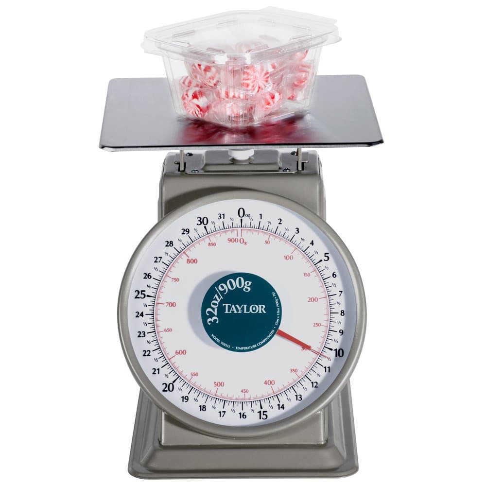 TaylorPrecision THD32D Mechanical Scale, Analog, dial Type, 32 oz. x 1/8 oz./900 g x 2 g Capacity, Heavy Duty, top Loading Counter Model, Fixed dial, sloped face, 9" x 9" Stainless Steel Platform