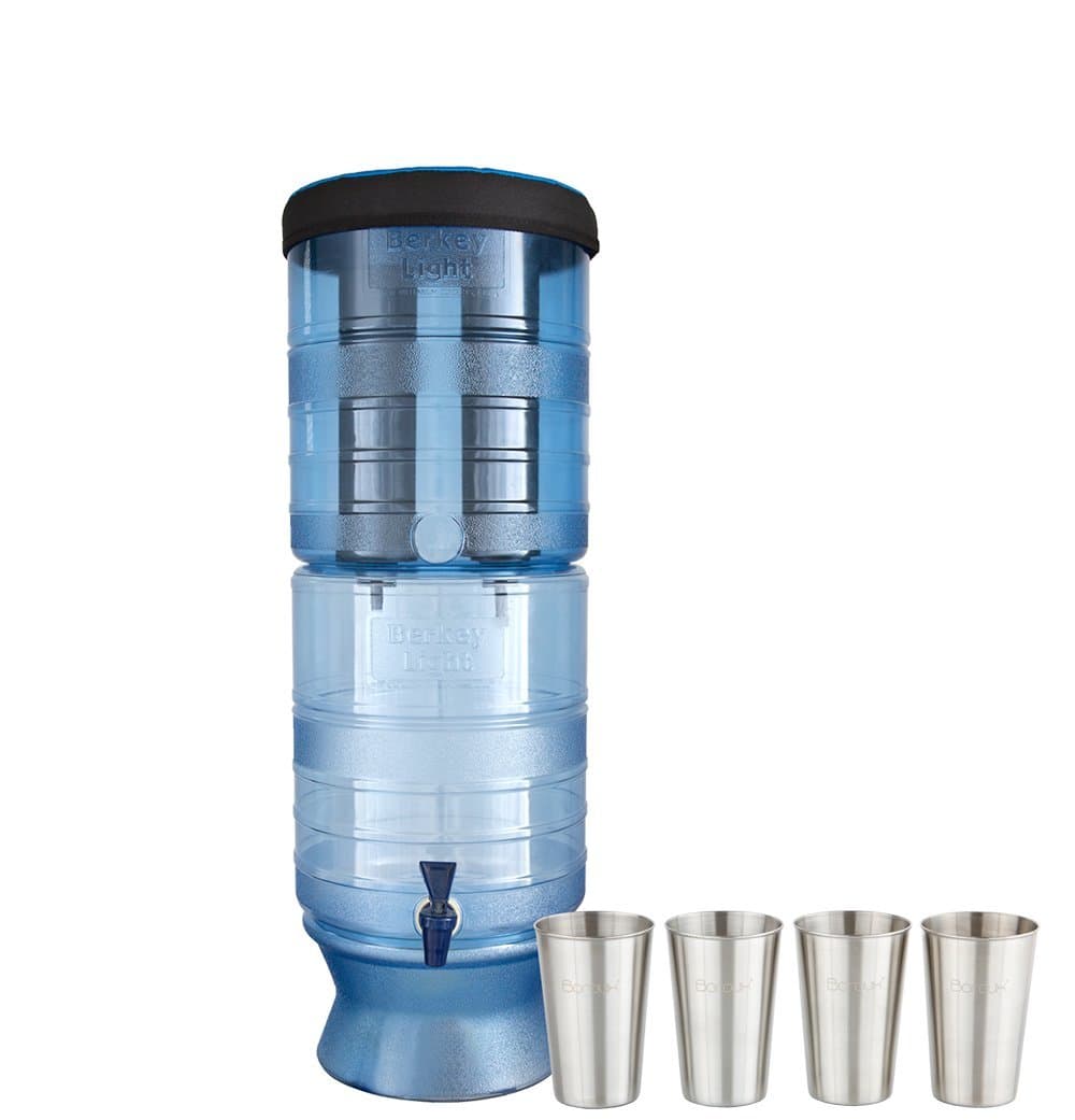 Boroux Bundle Includes Berkey Light Berkey Water Filter with 2 Black Purifier Filters (2.5 Gallons) System Bundled with 1-Set of 4 12 oz Stainless Steel Cups