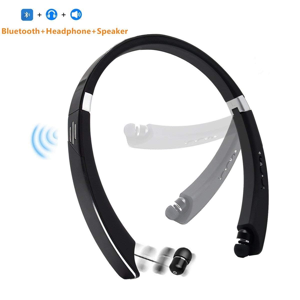 Retractable Bluetooth Headphone With Speaker, VICSOME 2 in 1 Wireless Headset Foldable Sport Sweatproof Earphones with Mic (Bluetooth 4.2, Noise Cancelling, 15 Hours Play Time)