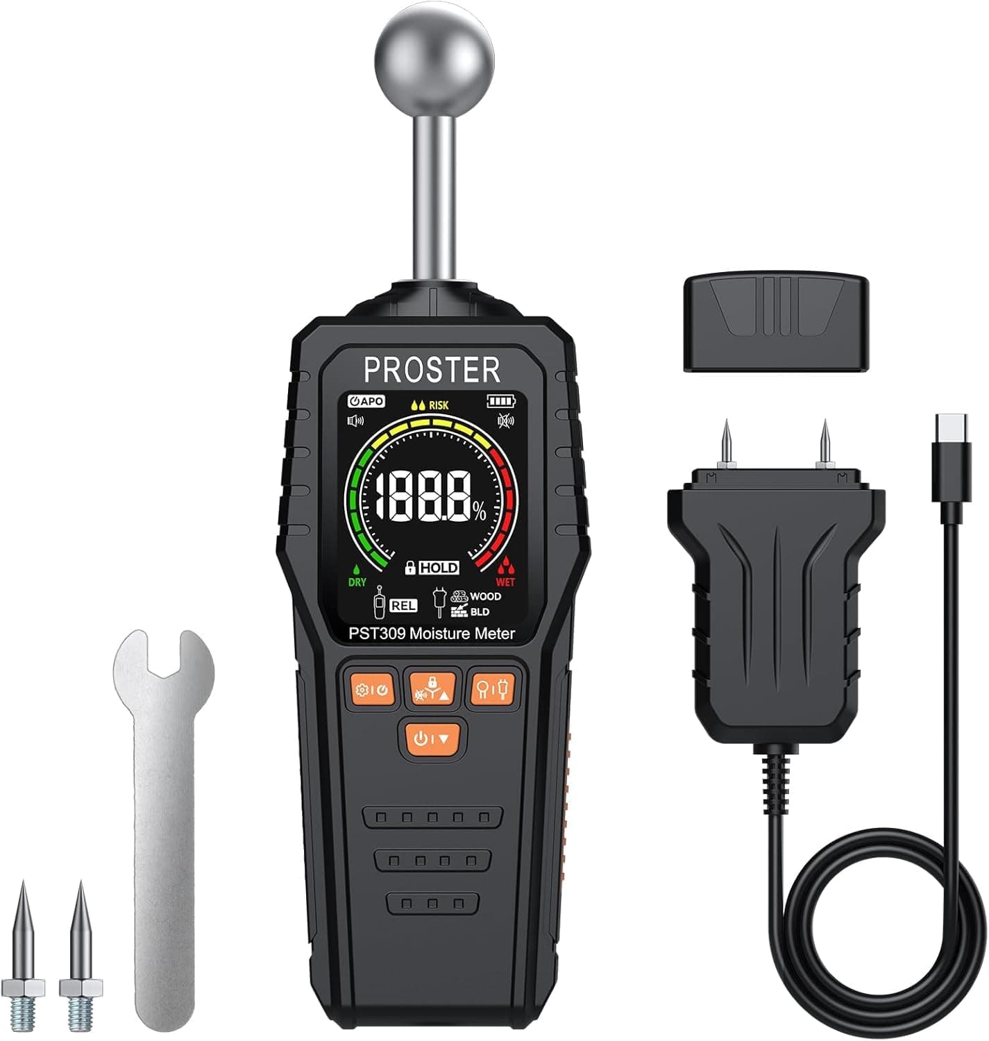 Proster 2-in-1 Pin & Pinless Moisture Meters for Walls - Rechargeable Damp Meter with 3-Colour Bar Graph LCD Display Customizable Alarms Wood Moisture Meter for Building Materials Concrete Plaster