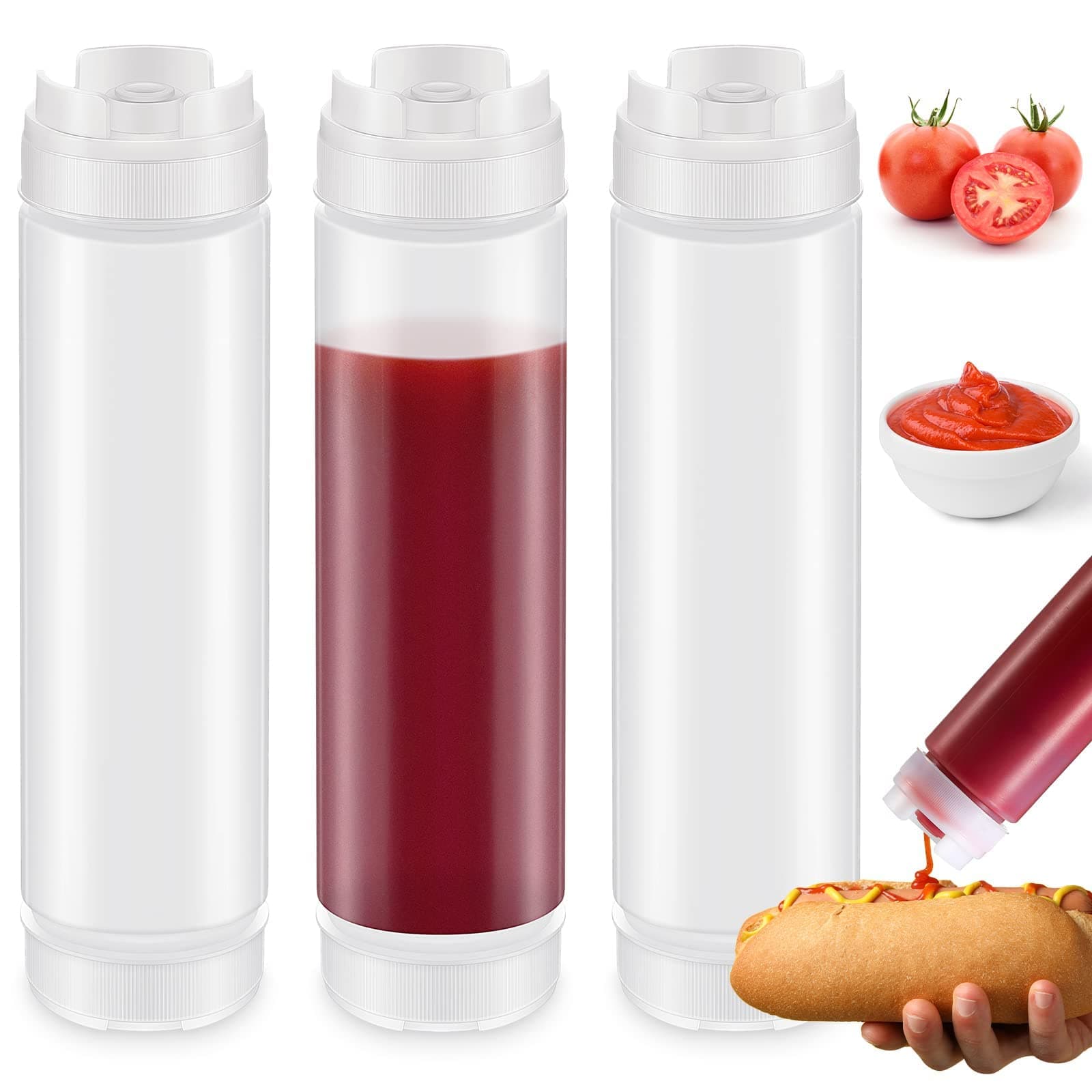 3 Pcs 16 oz Inverted Plastic Squeeze Bottles, Refillable Tip Large Valve Dispenser Condiment Squeeze Bottle for Sauces Ketchup Sour Cream Self Sealing Syrup Dispenser for Restaurants Catering Kitchen