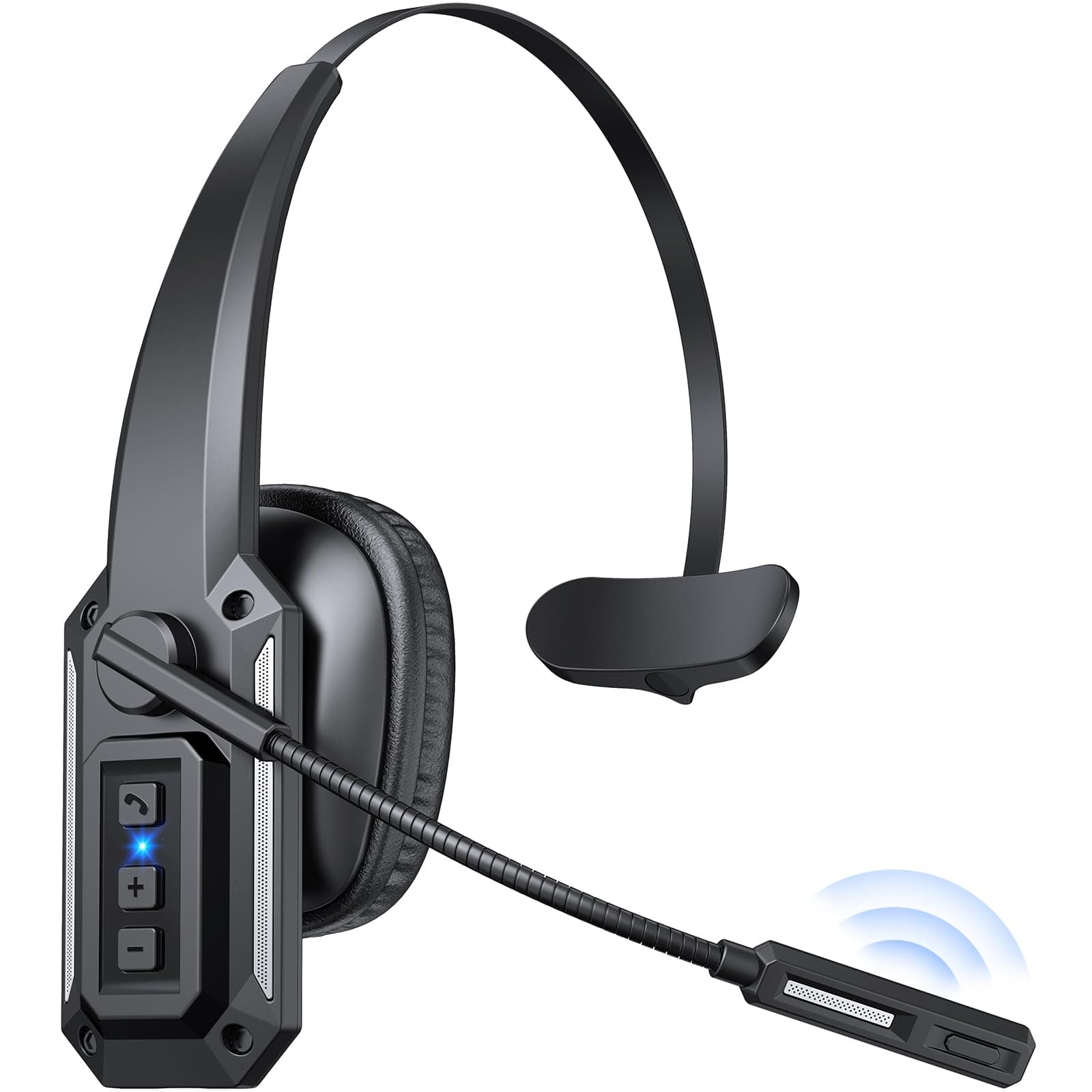 Bluetooth Headset with Microphone, Trucker Bluetooth Headset with Noise Cancelling & Mute Button, V5.3, 60Hrs Working Time, Wireless Headphones with Mic for Work/Cellphone/Laptop/Office - Black