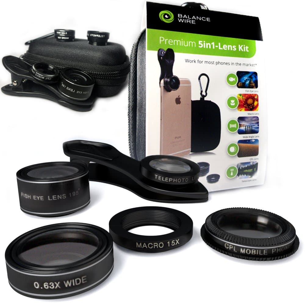 Smartphone Camera Mobile Macro Lens for iPhone and Android phones. Set of 5 - Fisheye, Wide Angle, Macro, Telescope and CPL lenses for HD quality photos. With FREE case, carabiner and clip-on holder.
