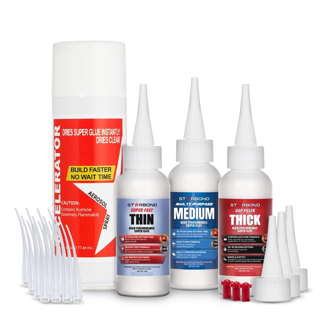 CA Glue with Activator Kit – Thin, Medium & Thick 2 oz Bottles with 6 oz Accelerator – Premium Cyanoacrylate Super Glue Bundle for Woodworking, Woodturning, Hobby Models Crafts & 3D Printing