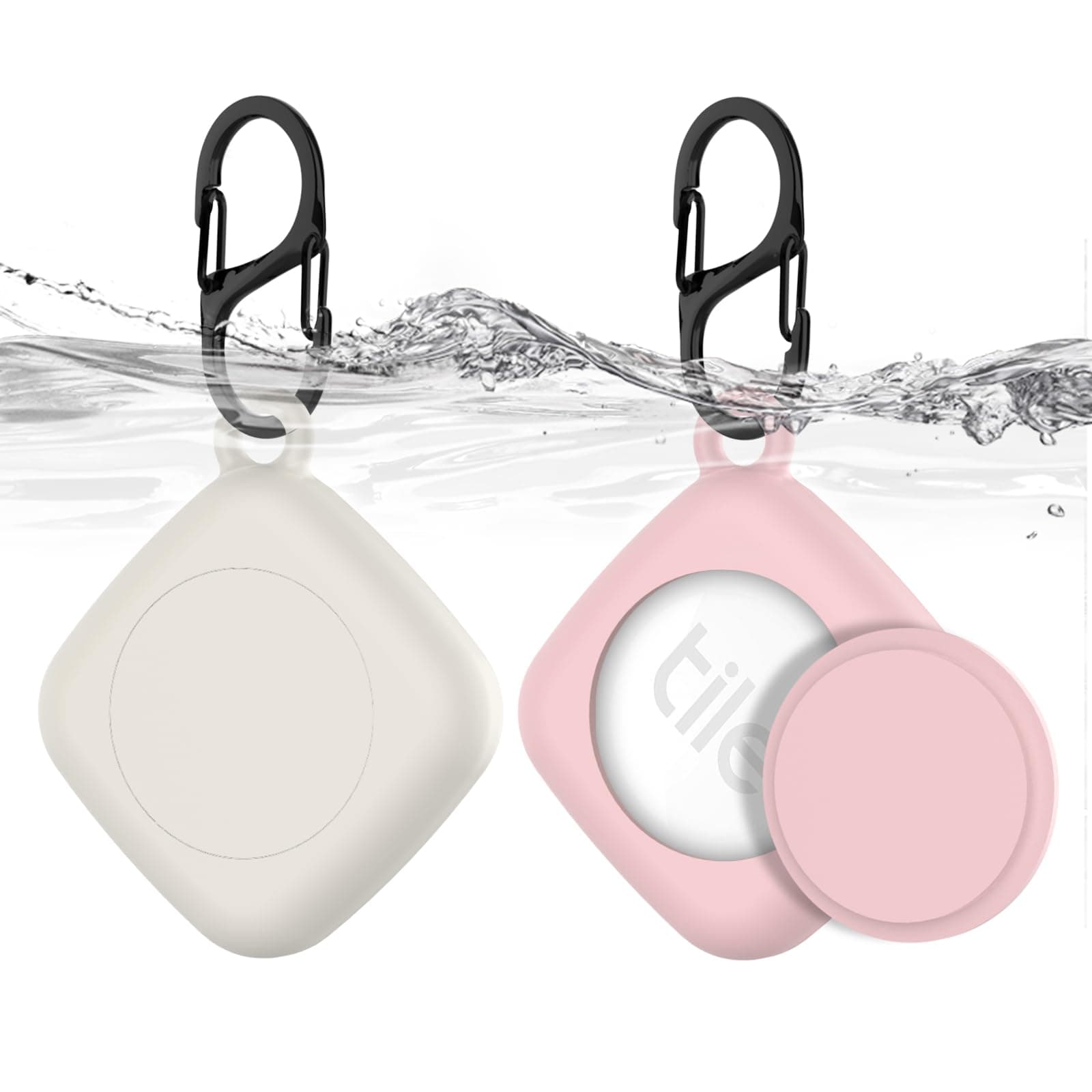Silicone Case for Life360 Tile Tracker 2 Pack, for Tile Mate 2022 Full Body IPX8 Waterproof and Anti-Scratch Protective with Carabiner for Kids, Keys, Luggage, Cat/Dog Collar Tag (Off White+Pink)
