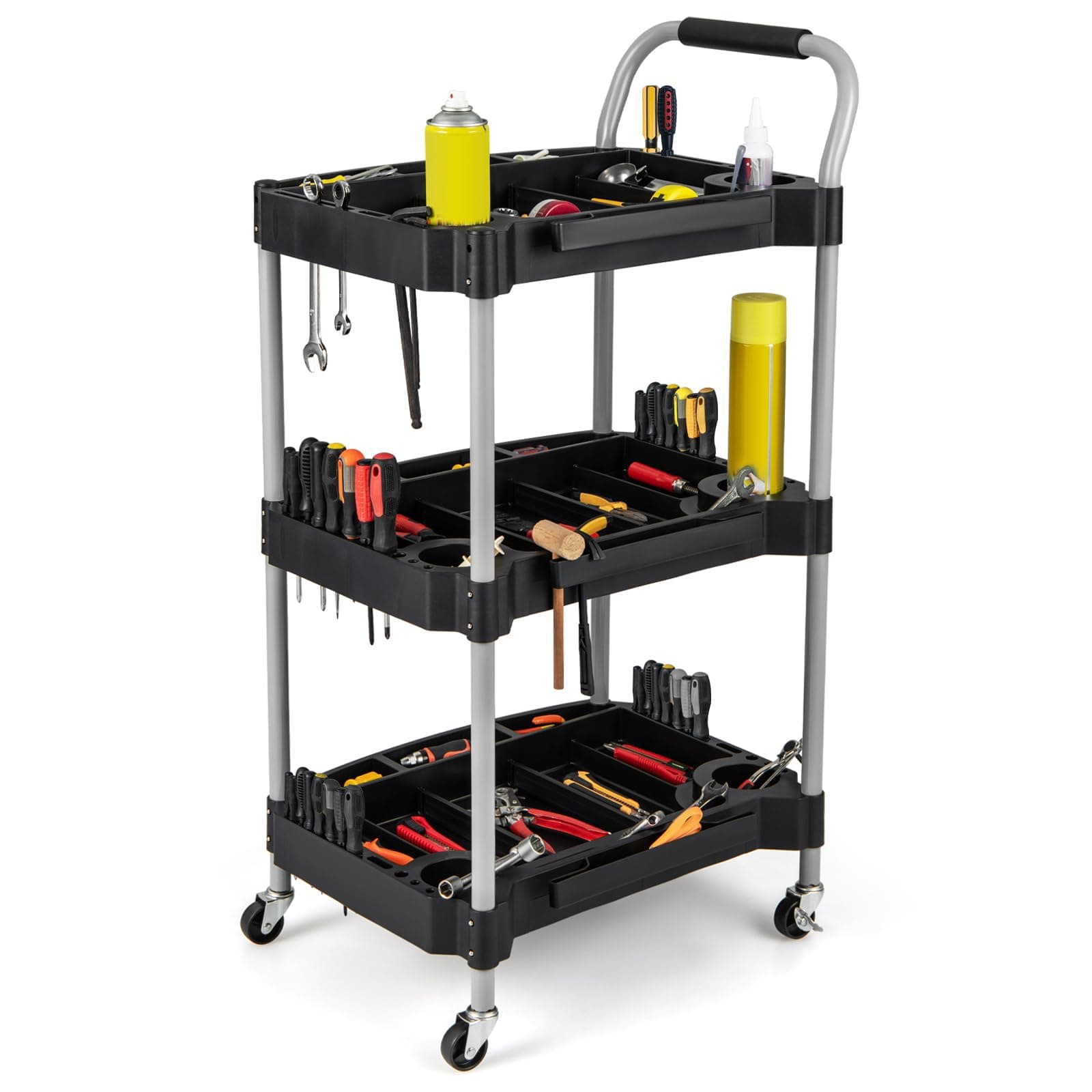 TANGZON 3 Layer Tool Cart, Mobile Rolling Trolley with PP Shelves, Sponged Handle & Swivel Wheel, Large Capacity Utility Tool Organizer(with Multiple Classification Design, 60 x 45 x 107 cm)