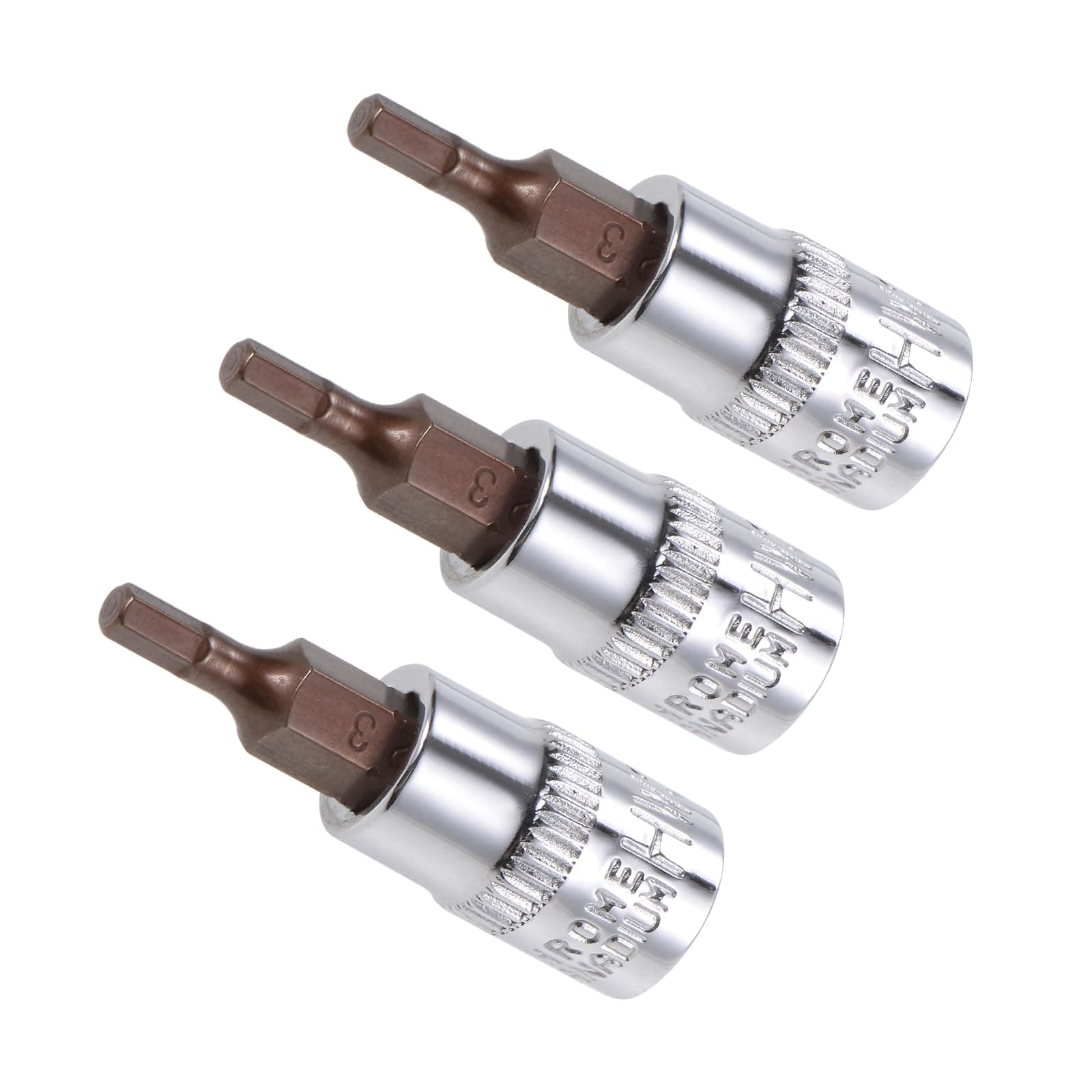 Hex Bit Socket, Metric H3 (3mm) Bit 1/4" Drive 1.5" Long, S2 Alloy Steel Heat Treated CR-V Socket - (Applications: for Fastener Application), 3-Pieces