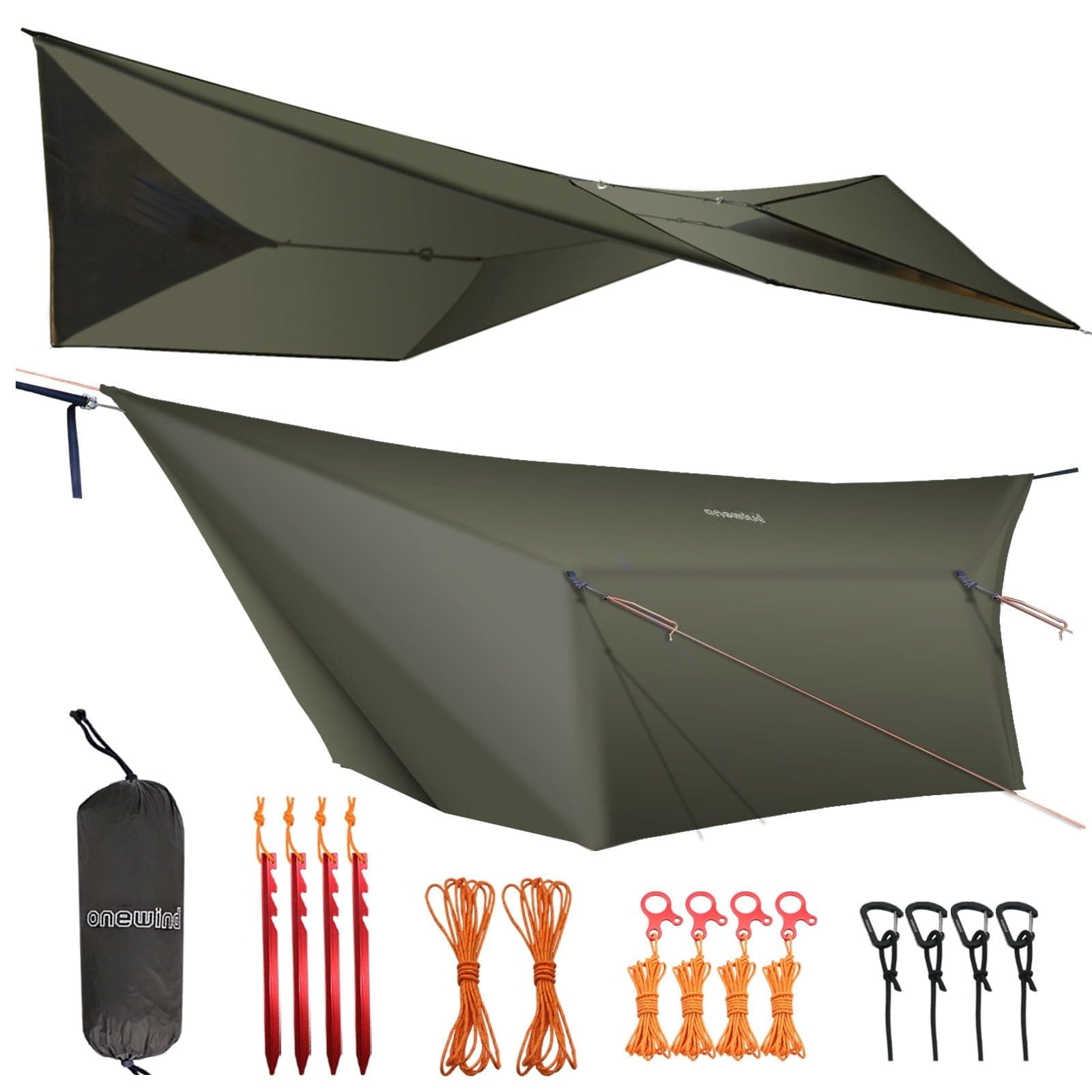 12×10 ft Hammock Tarp, Ultralight Tarp Silnylon Hammock Rain Fly Lightweight Waterproof Camping Tent Tarp with Doors, Easy to Setup with Stuff Sack, Tent Stakes, OD Green