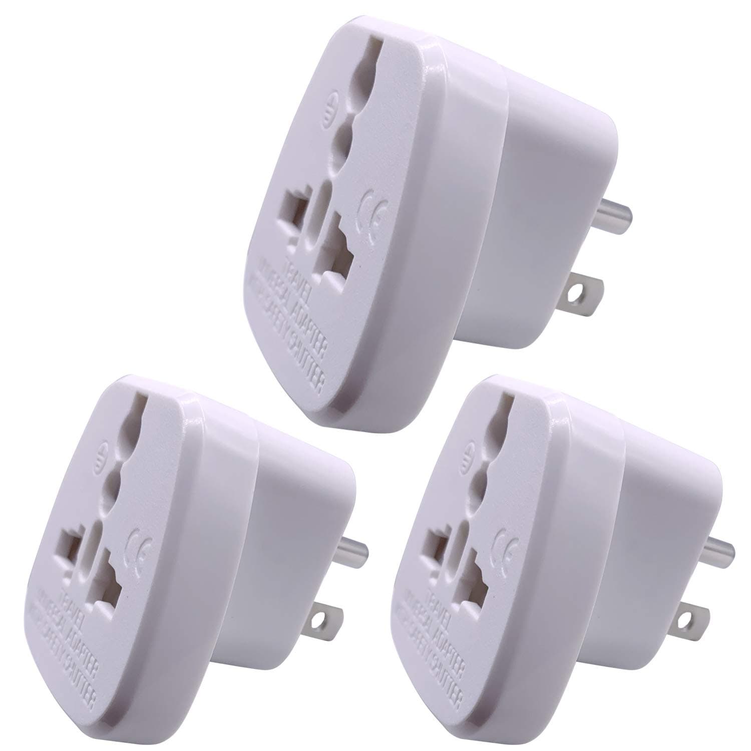 US/CA/JP Type B Adaptor Plug with Flat Blades/Round Grounding Pin and Safety Shutter, UAE/EU/DE/UK/Italy/Swiss/Indian Plug Suitable for 3 Pin US/JP/CA Socket (US/JP/CA Plug * 3 White)