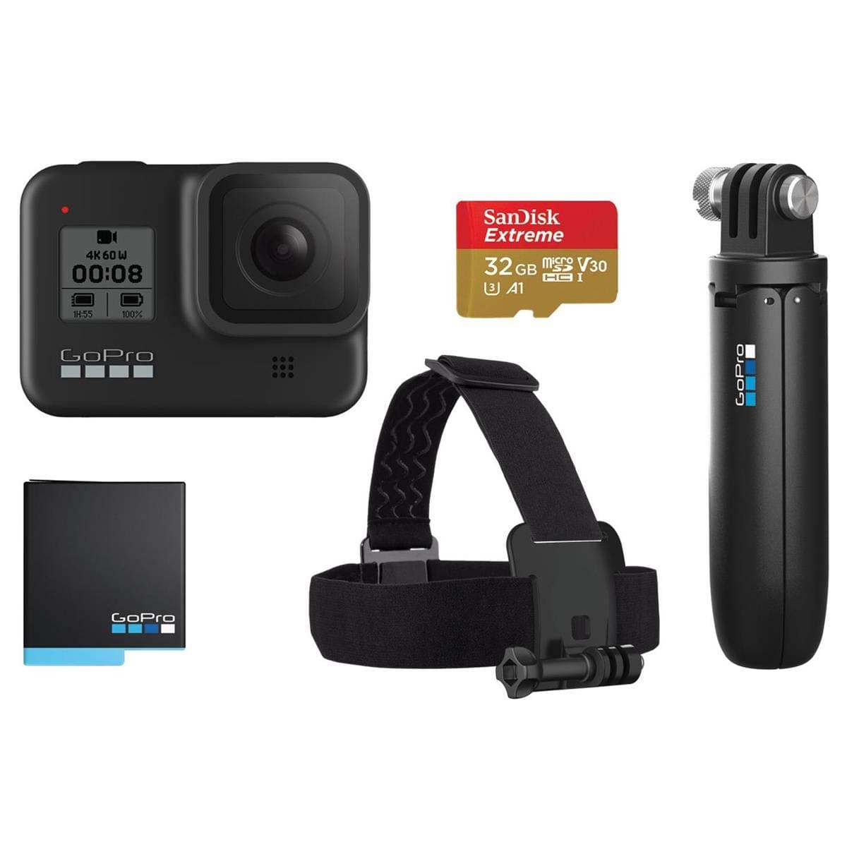HERO8 Black Retail Bundle - Includes HERO8 Black Camera Plus Shorty, Head Strap, 32GB SD Card, and 2 Rechargeable Batteries