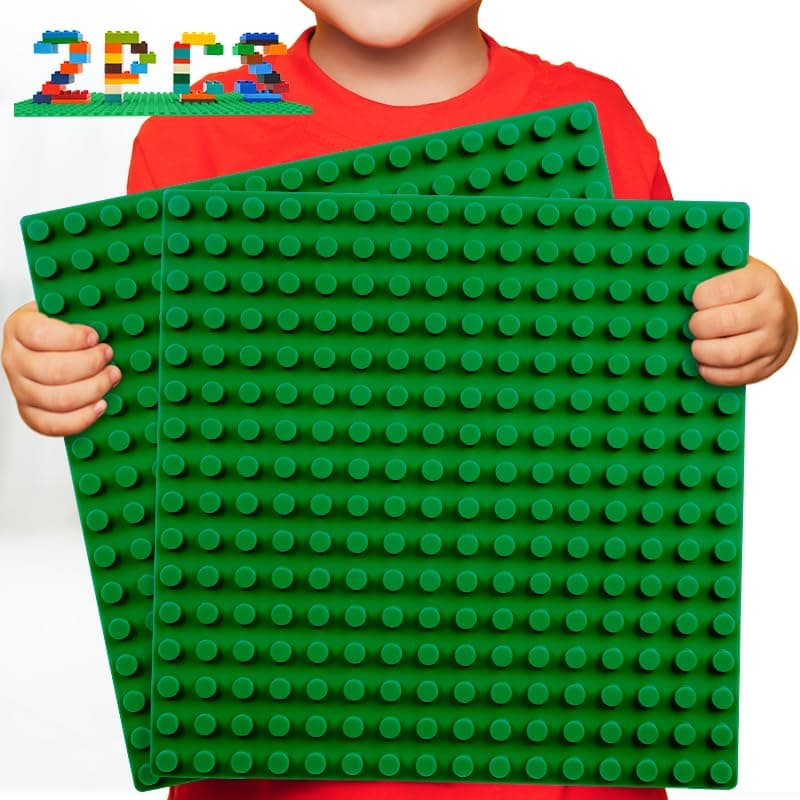 WYSWYG 2 Pcs Large Building Block Baseplates (10'' x 10'' / 25.5cm) | Big Brick Construction Boards | 16x16 Studs Green Base Plates Compatible with All Leading Brands | Kids Ages 3+
