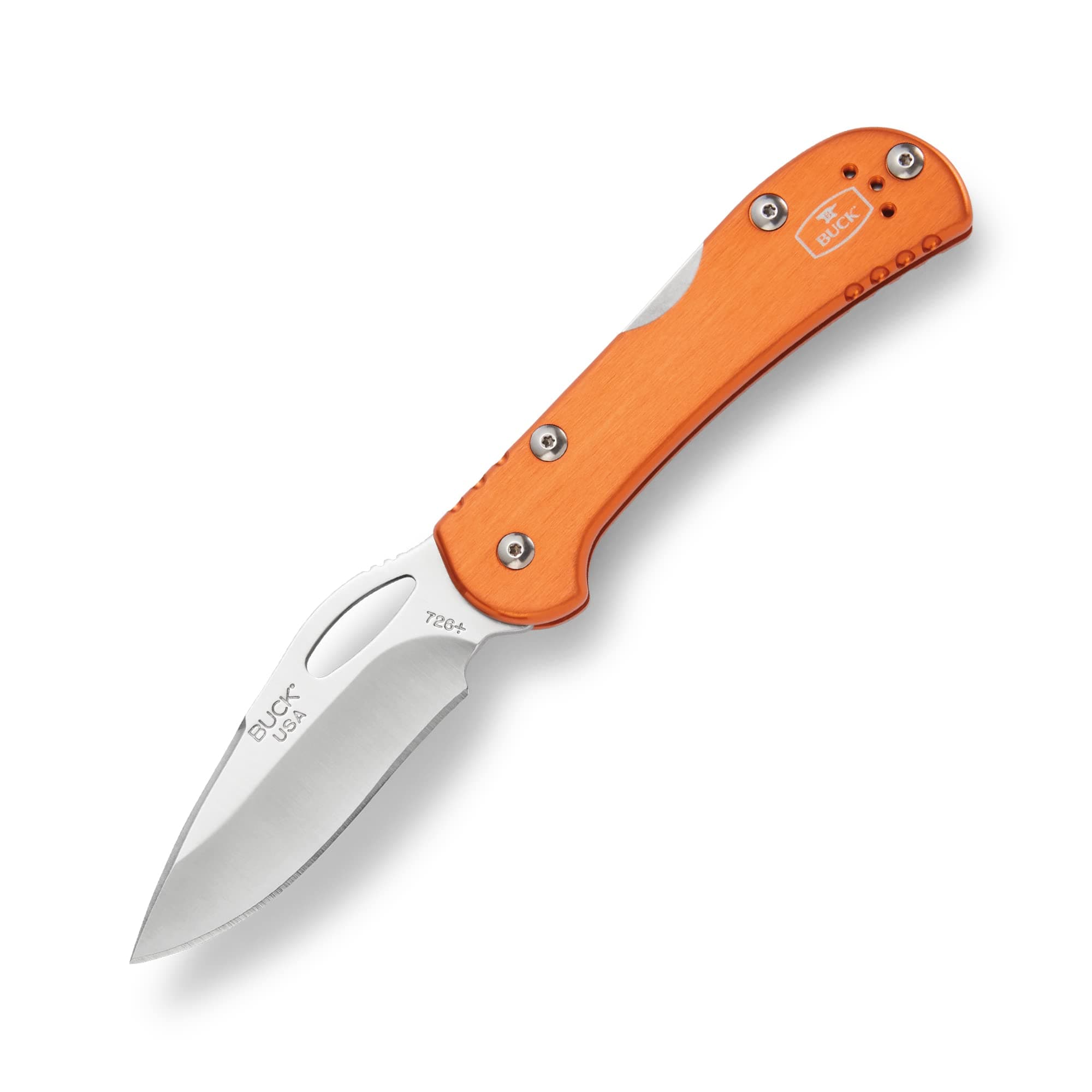 Buck Knives 726 Mini Spitfire Folding EDC Knife, 2-3/4” Pocket Knife Blade, Lockback Design, Aluminum Handles, 420HC Stainless Steel Drop Point Folding Blade, Made in the USA, Orange, 2.1 oz