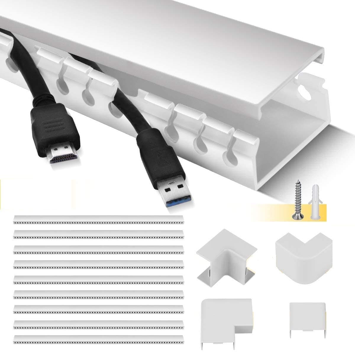STAGEEK Cable Trunking Kit - 9 Pieces, 3.5 Meter Open Slot Desk Cable Management, Self-Adhesive Cable Tidy, Hide Cords for Computer, Cable Raceway Organiser for Home Office - 9XL39cm W4cm H2cm, White