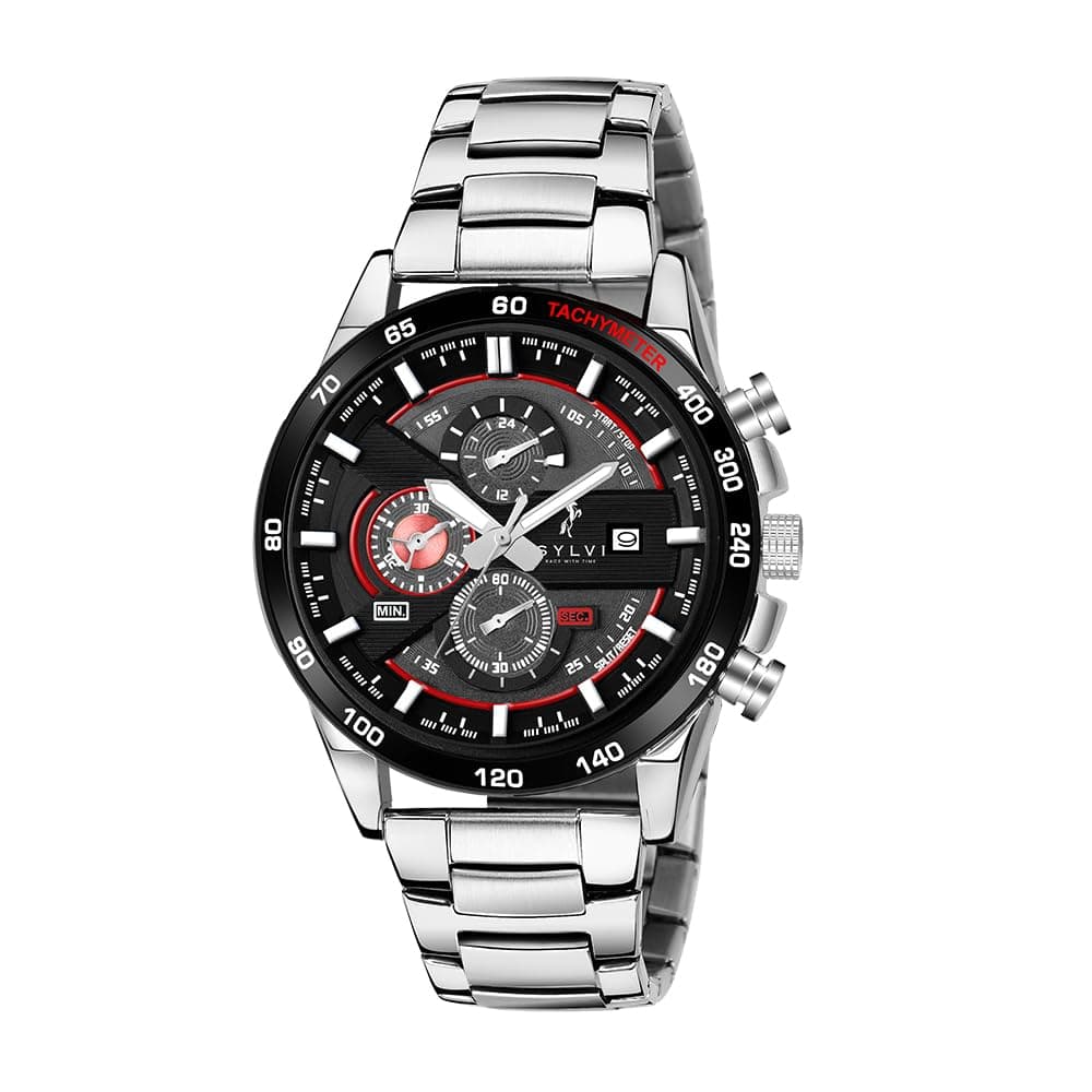 Timegrapher Black Silver Case Silver Stainless Steel Strap Analog Watch for Men with Calendar Stop Watch Time Display