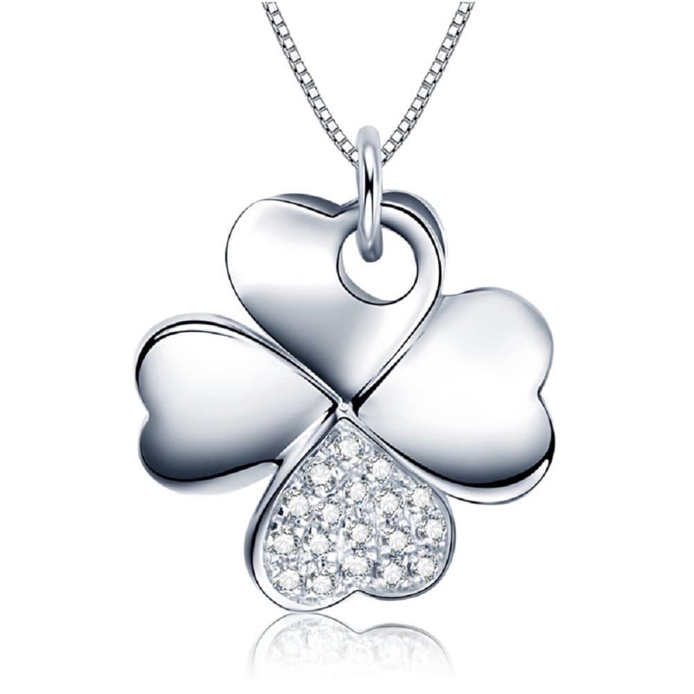 Heart Shaped Stack Four Leaf Clover 925 Sterling Silver Necklace 18" Chain Women Girl Pendant Necklaces Lucky (CZ Clover)