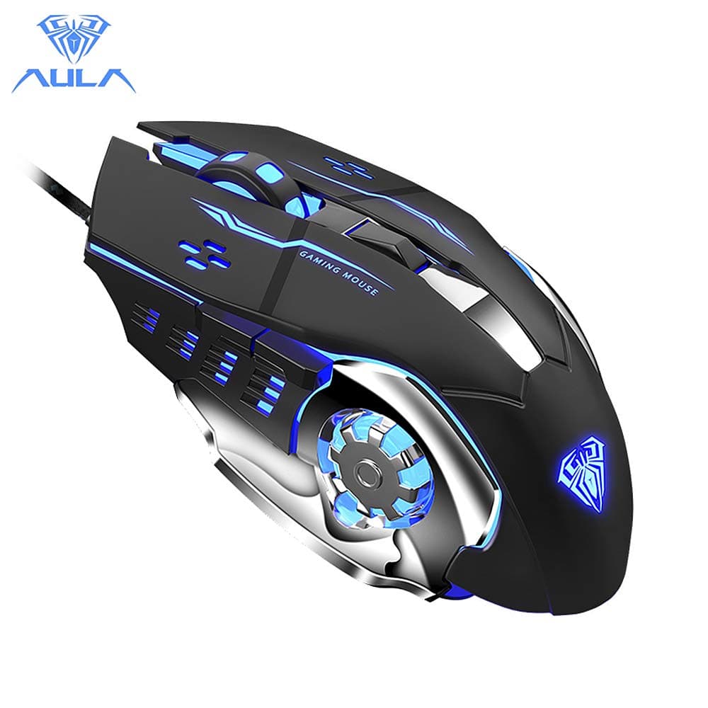 Docooler Aula S20 USB Wired Gaming Mouse Programmable 2400DPI Optical Ergonomic Mouse with 4-Color Breathing Light for PC Laptop Black