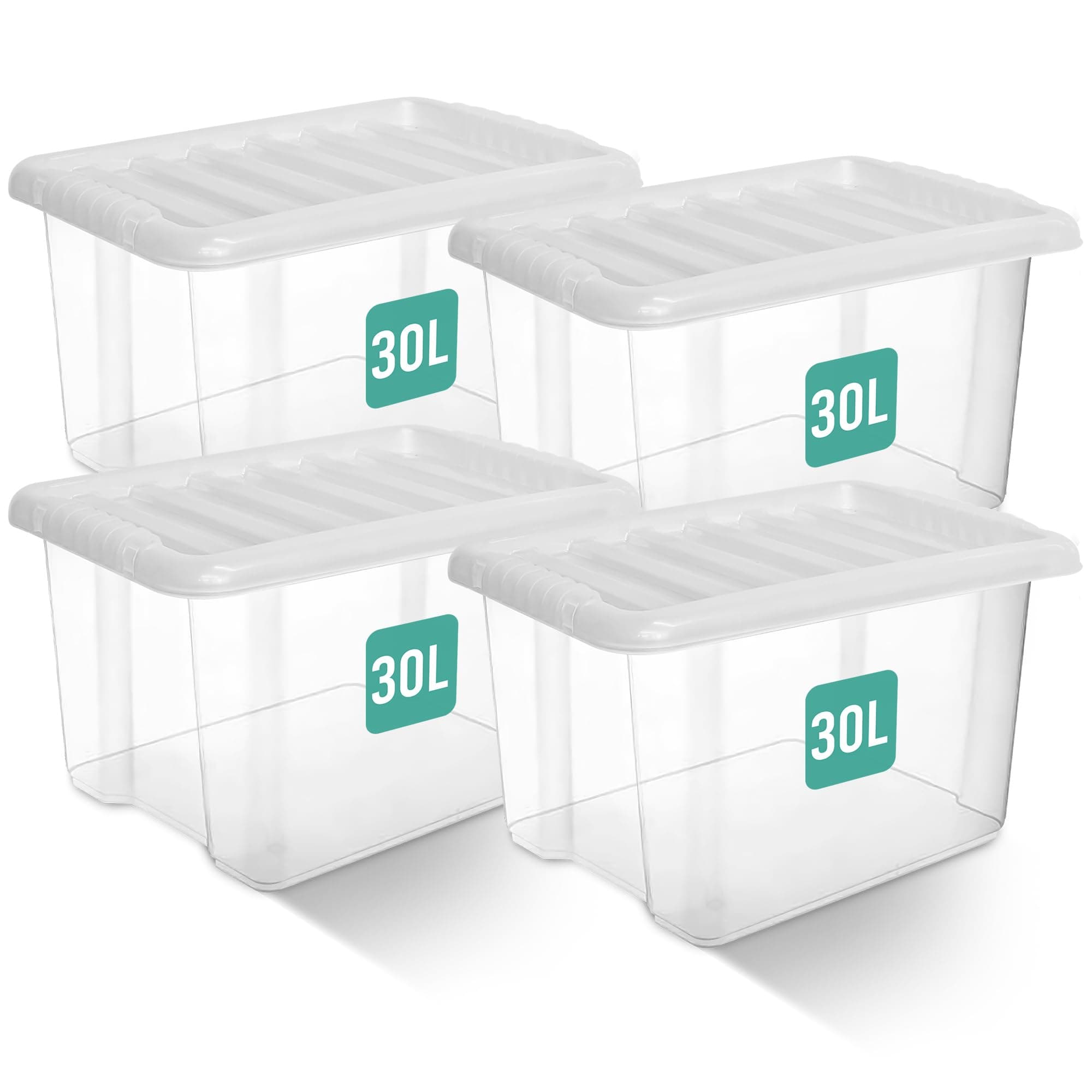 – 4 x 30 Litre Clear Plastic Storage Boxes With Lids Set of 4, Strong Multipurpose Stackable Plastic Storage Box With Lid 30L Clear Containers For Home, Kitchen, Garage, Office