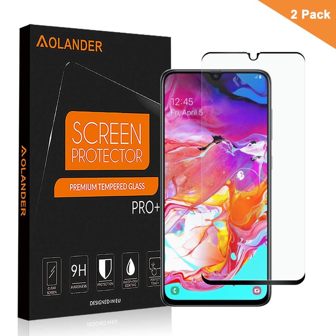 AOLANDER Samsung Galaxy A70 Screen Protector, HD Full Coverage Premium Tempered Glass Film with 9H Hardness, Edge to Edge Protection [Bubble-Free] for Galaxy A70【2 PACK/BLACK】