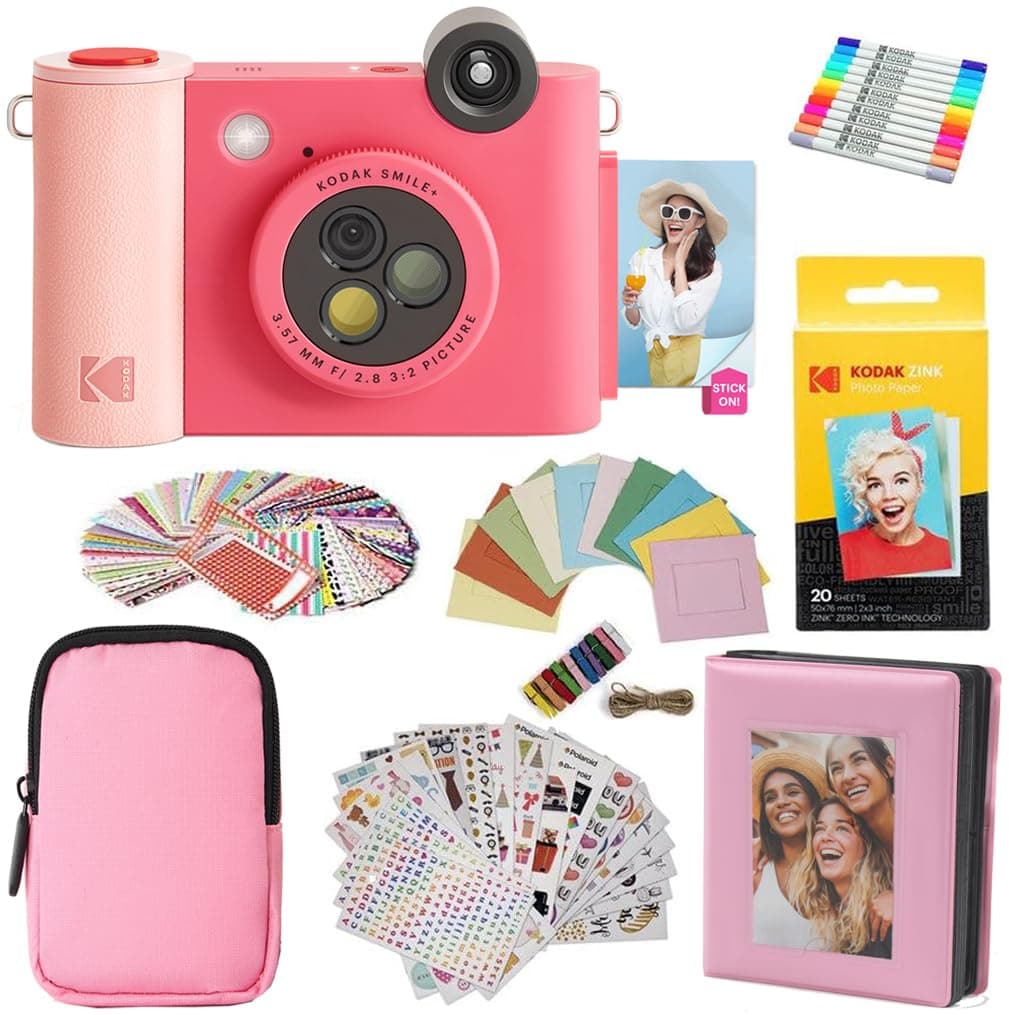 Smile+ 2-in-1 Digital Instant Print Camera & Printer Gift Bundle + Case + Zink 20pk 2x3 Sticky Back Photo Paper + Album + Sticker Sets + Sticker Frames + Hanging Frames + Markers - Fuchsia