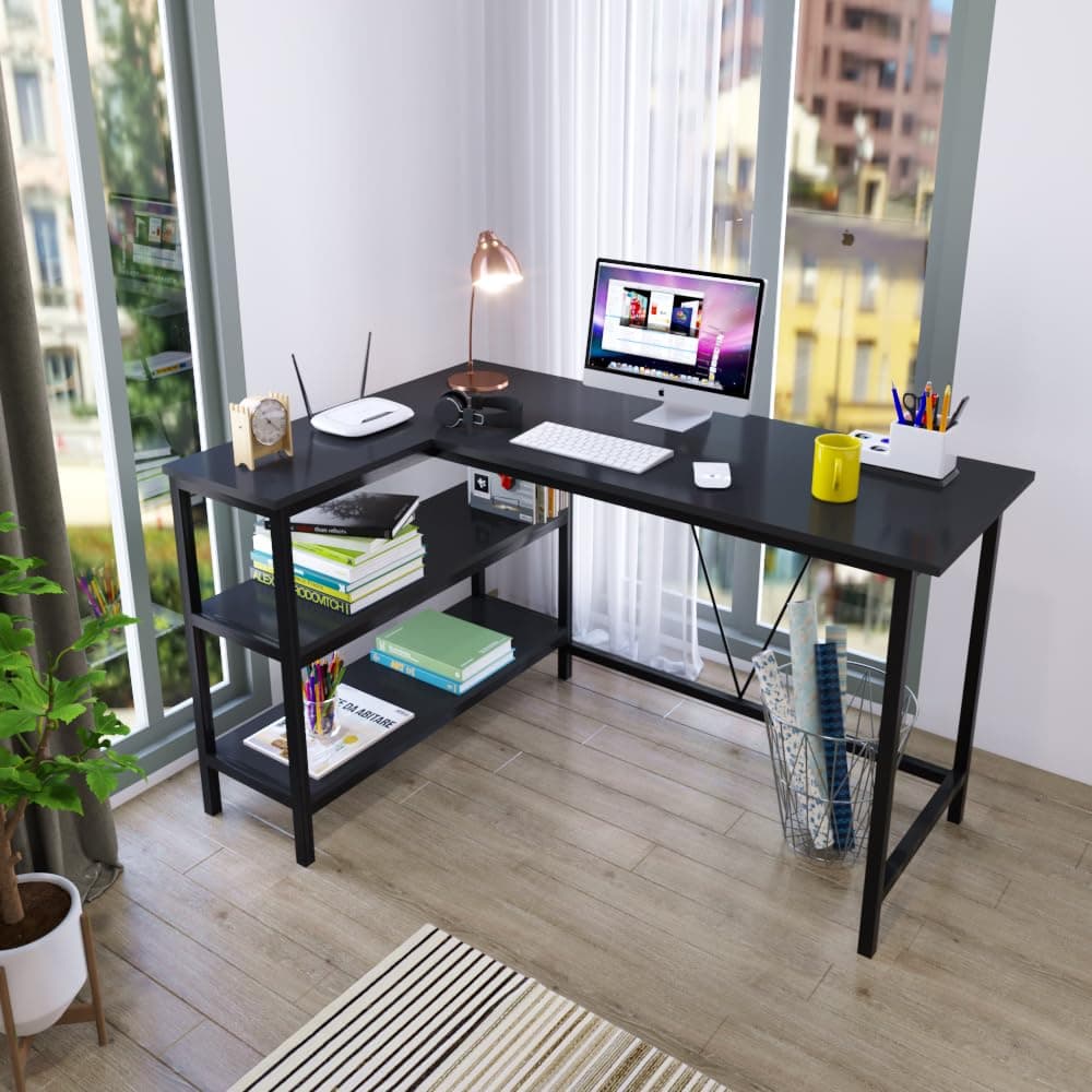 Klaxon L Shaped Study Table for Students & Adults | Computer Table for Home Office & Gaming | Corner Computer Desk in Wood & Metal (Full Black, DIY Installation) (Privo Black, DIY Installation)
