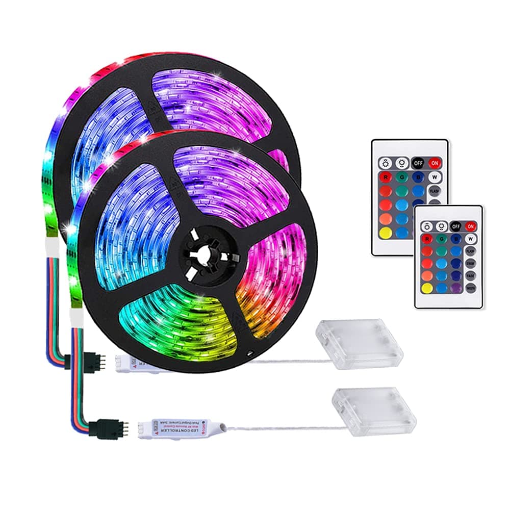 LED Strip with 24 Keys Remote Control, 2m Battery Powered Strip Lights for Party and DIY Decoration, 2 Pack