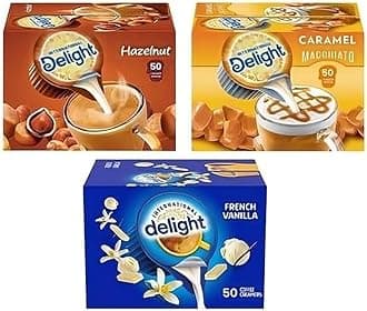 International Delight Coffee Creamers Liquid Non-Dairy Creamer Singles Variety Pack, French Vanilla, Caramel Macchiato, & Hazelnut - Non Dairy, No Refrigeration - Box Of 150 BIGZI