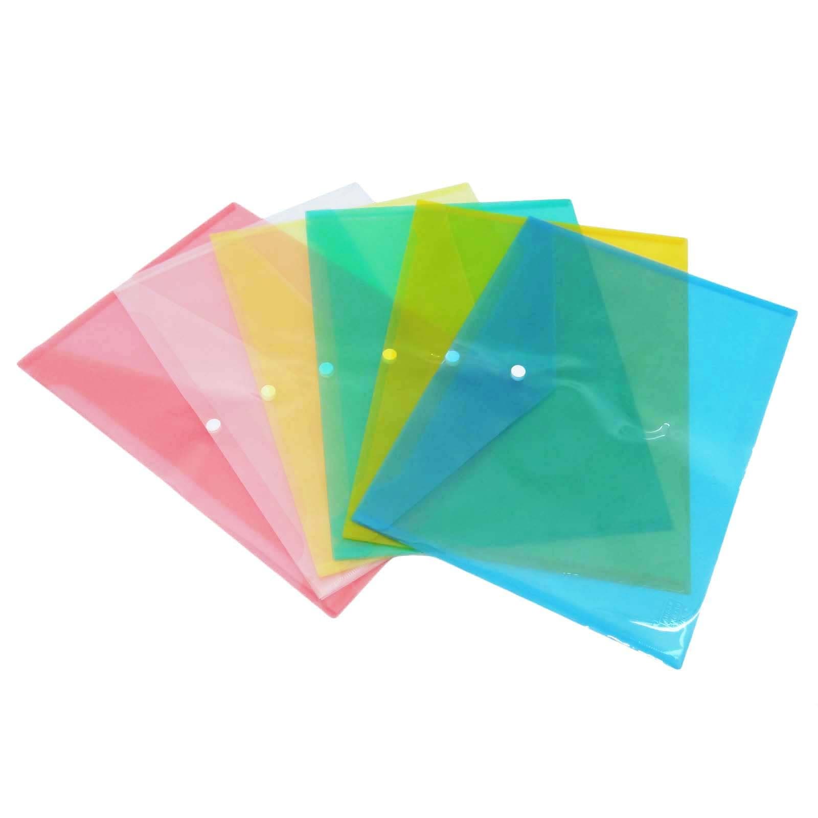 Assorted Coloured Document Wallets Pocket Folder Clear Envelope File A4 Size Folder Press Stud Colored Document Folders Office Stationary - 6 Pcs