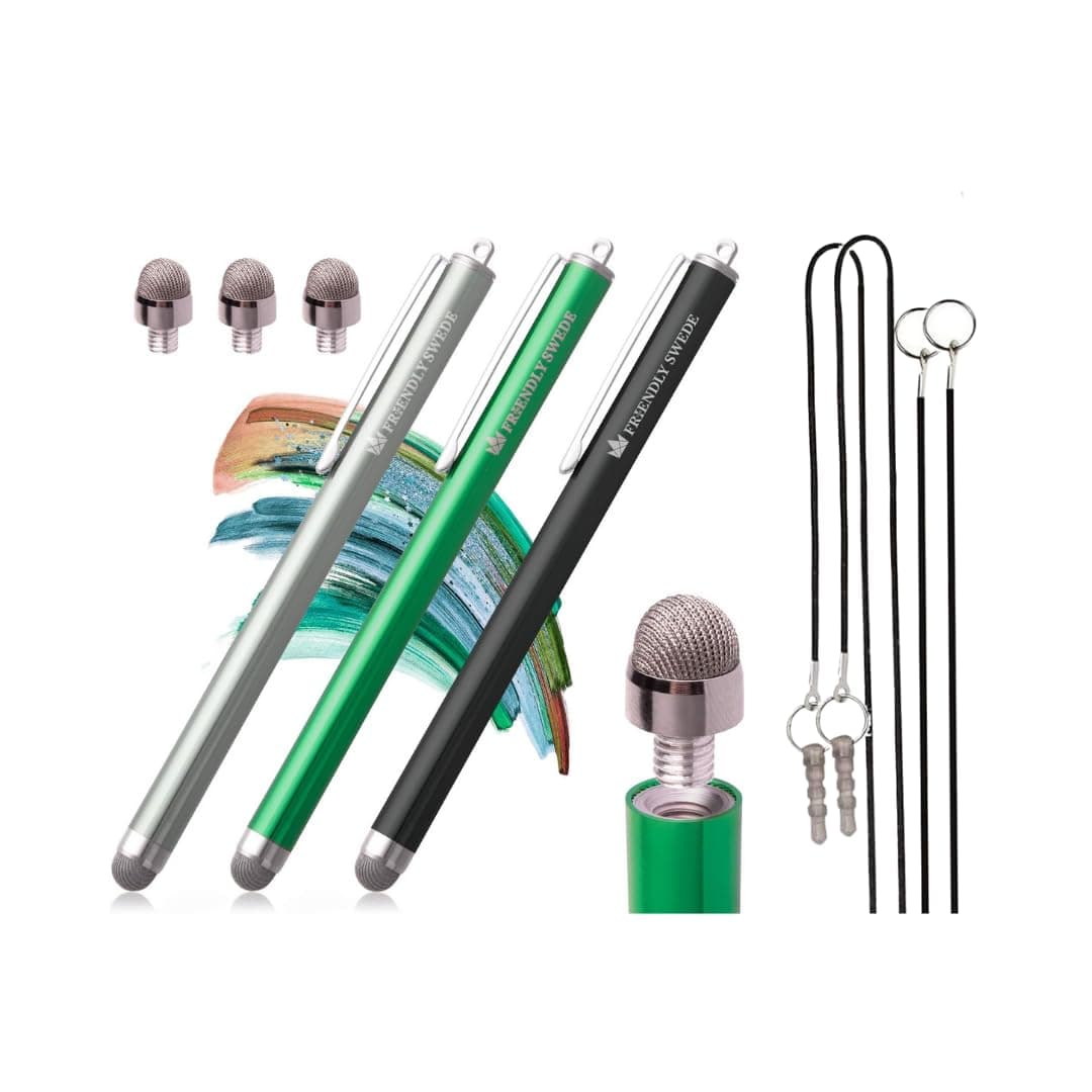 The Friendly Swede Stylus Pen Replaceable Micro-Knit Mesh Tip - Capacitive Touchscreen Stylus Tablet Styli with Lanyards Screen Cleaning Cloth and Replacement Tips (3 Pack) (Silver + Black + Green)