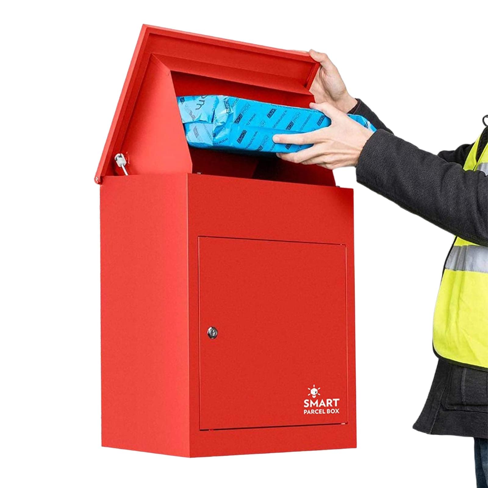 SMART PARCEL BOX Wall Mounted Parcel Box Outdoor, Medium Red Delivery Box, Secure, Durable Galvanised Steel Weatherproof, Lockable For Post, Multiple Letters & Large Package Drop