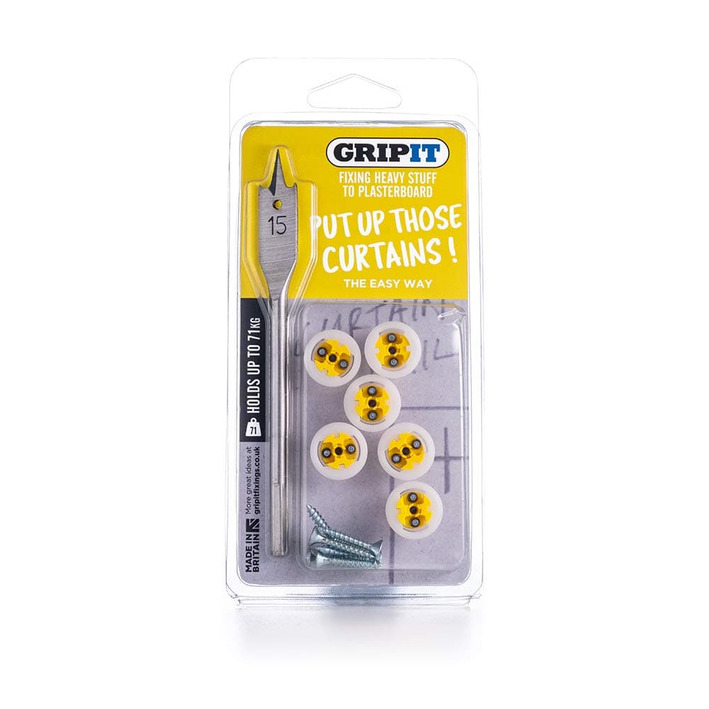 Gripit ‎GPCURTKIT Complete Curtain & Bling Fixing Kit - Includes Drill Bit - Supports Heavy Loads on Plasterboard Walls Up To 71kg, Yellow