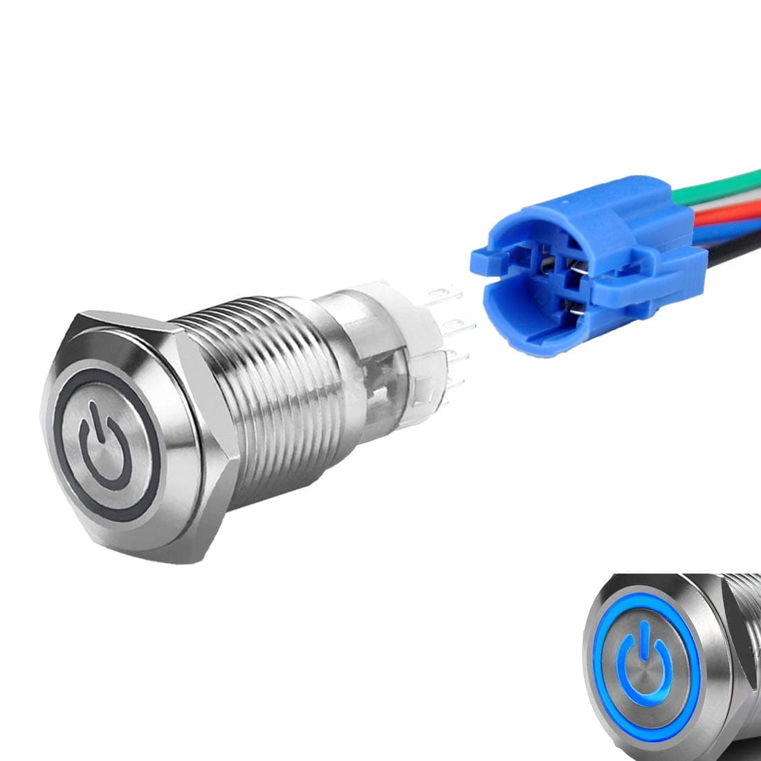 16mm Latching Push Button Switch Power Symbol 12V Blue LED 1NO 1NC SPDT ON/OFF Waterproof Stainless Steel Metal Round with Wire Socket Plug