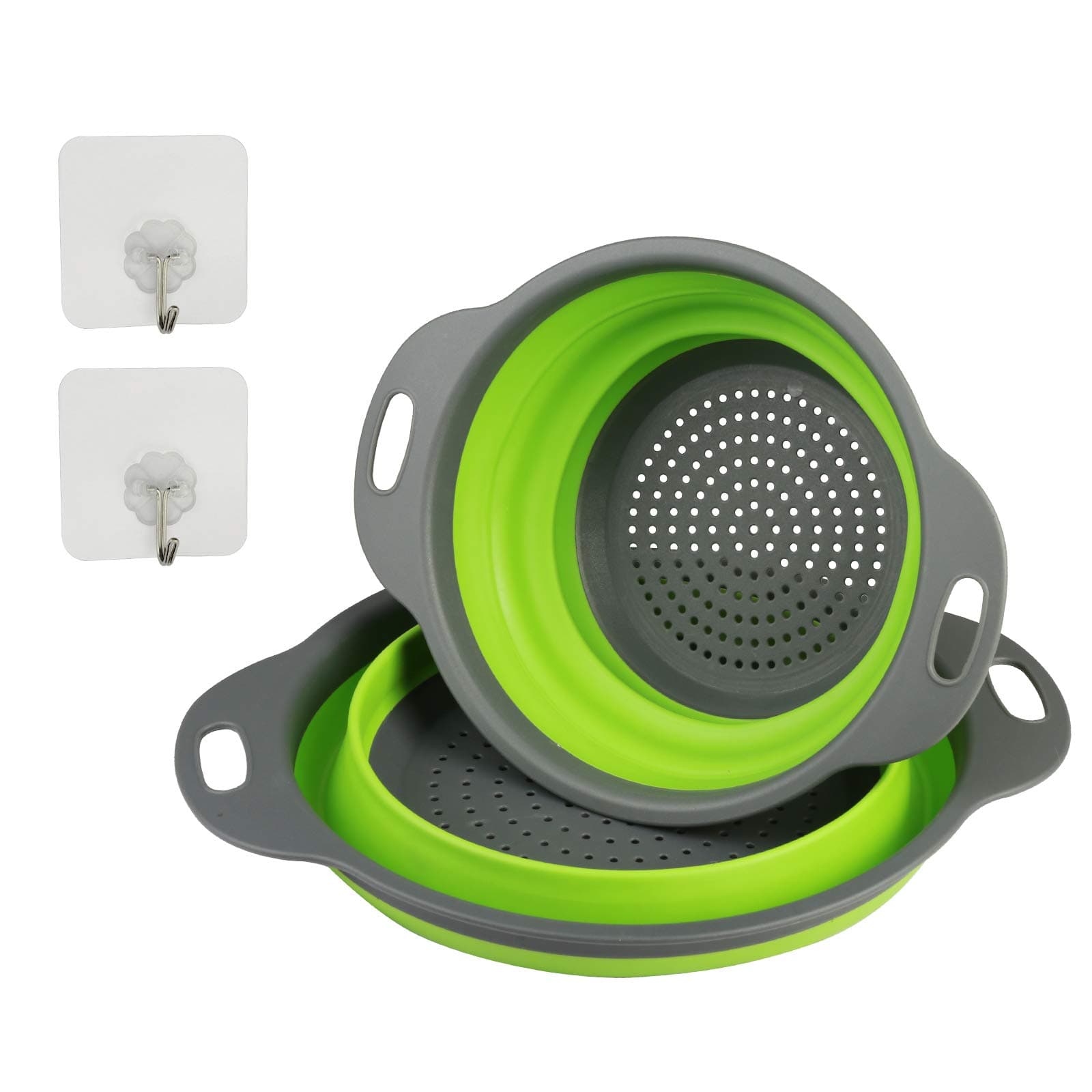 2 Pack Foldable Silicone Filter Baskets ZoomSky Collapsible Colander Set Kitchen Strainer Washing up Bowl with 2 Pcs Hanging Hooks for Draining Fruit Vegetable Pasta