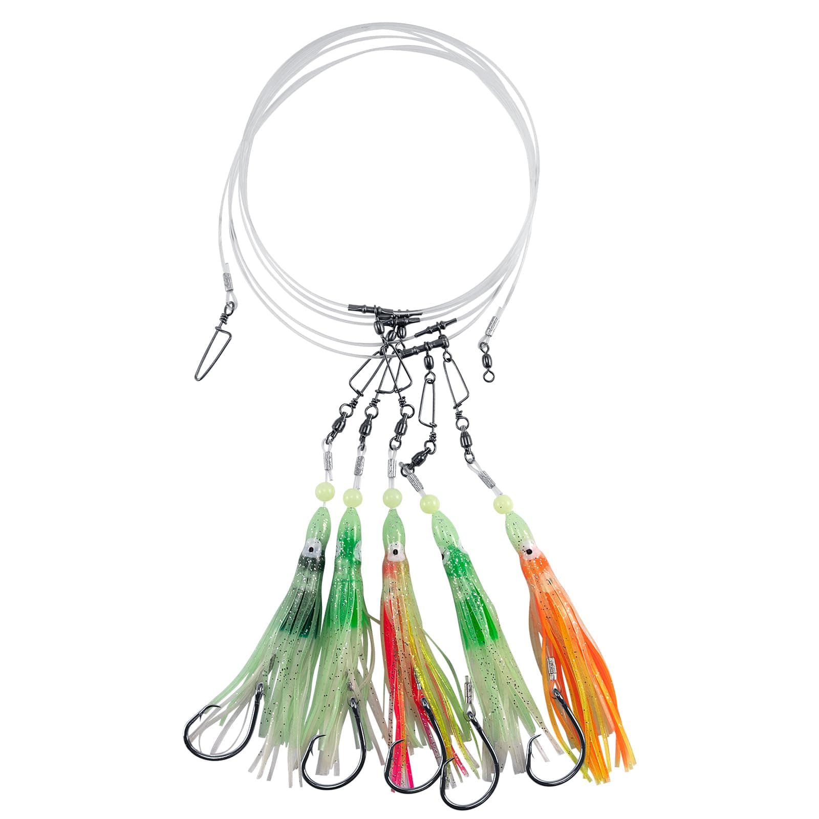 Dr.FishDeep Drop Rigs 6ft Glow Squid Lures Halibut Rigs for Saltwater, Bottom Fishing Rigs Glow in The Dark Deep Sea Fishing Lures Trolling Lures for Stripers Halibut Trout Tuna Salmon