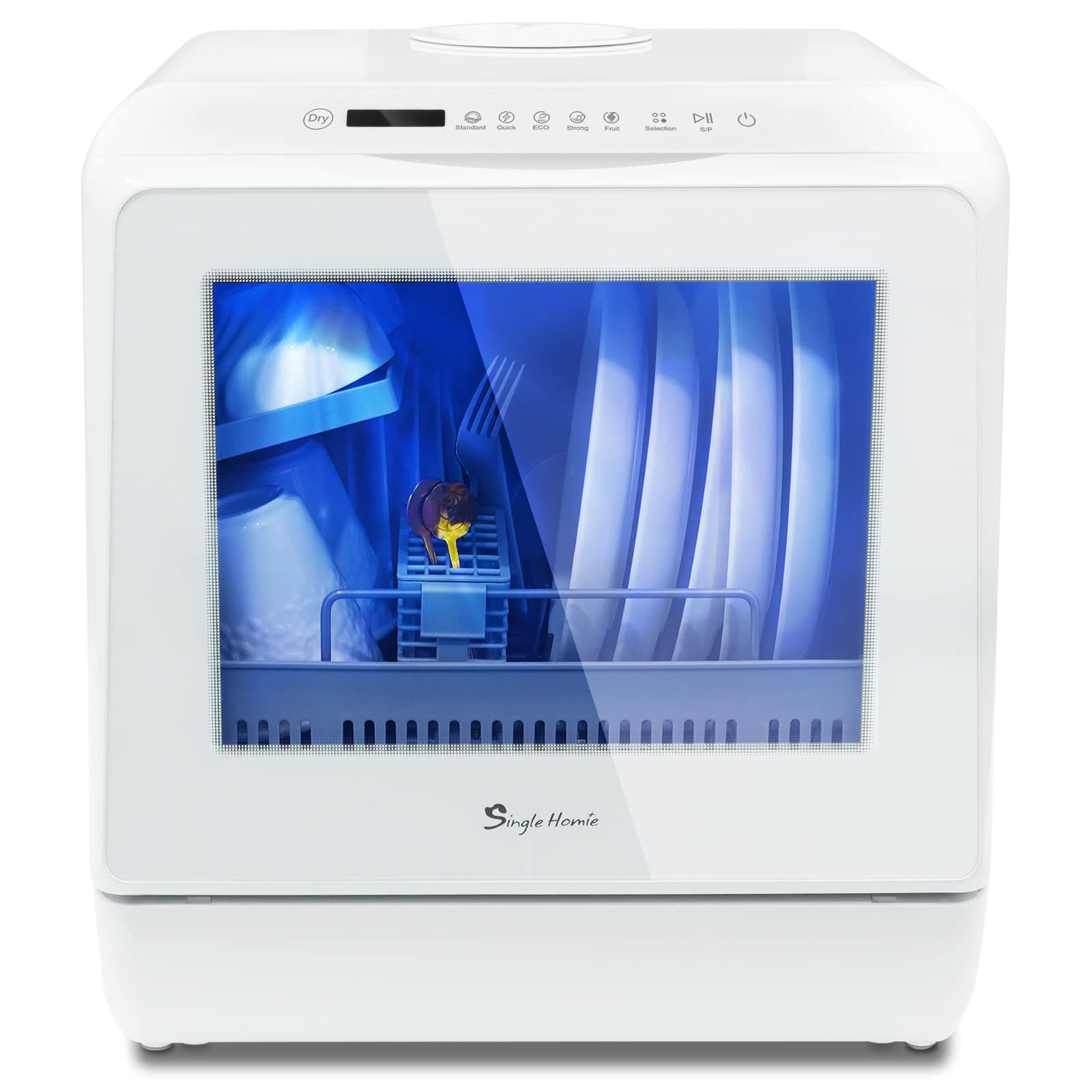 singlehomie Table Top Dishwasher, Mini Countertop Dishwasher Portable, 6 Programs, Built-in 5L Water Tank, 4 Place Settings, Touch Control, LED Display, Fruit Wash, No Installation, White