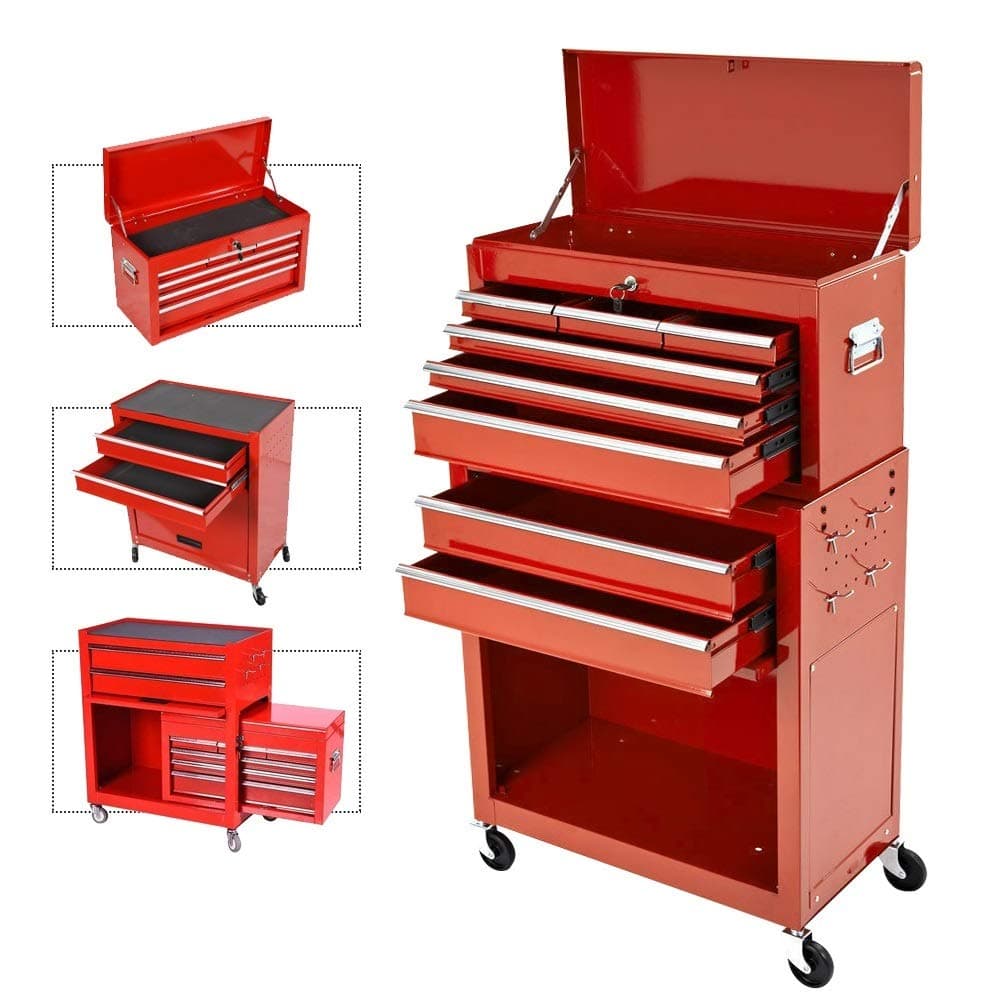 8-Drawer Rolling Tool Chest,Big Tool Chest and Tool Storage Cabinet,Tool Chest with 4 Wheels,Removable Portable Top Box with Lock Tool Chest for Garage and Warehouse-Cool Red