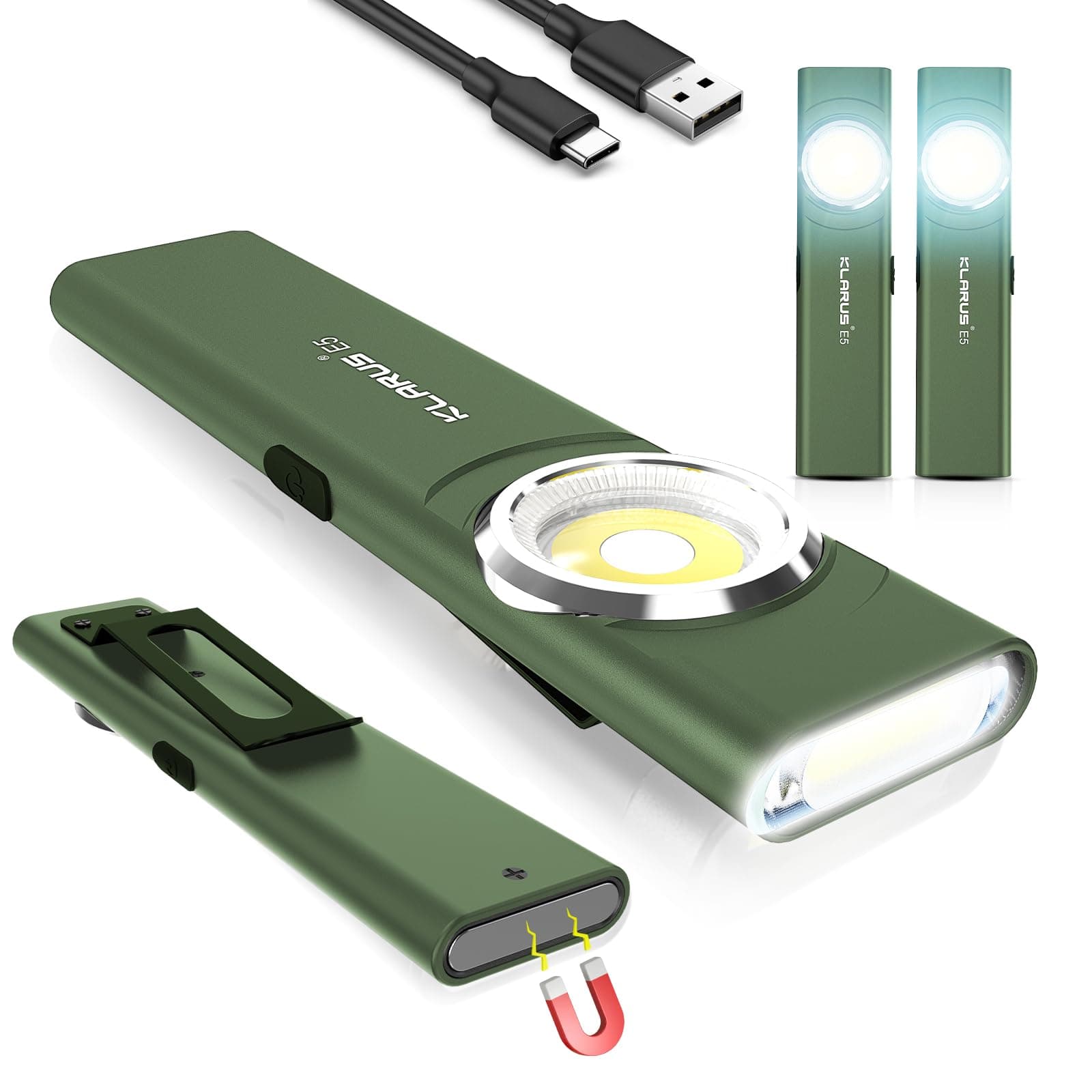 klarus E5 2Pcs Pocket Flashlight, Rechargeable EDC Flashlight, Super Slim 4.2x1x0.3inch, 600 Lumens, USB-C Port, IPX4, Dual Light Source with Magnetic Base, Hat & Clothes Clip