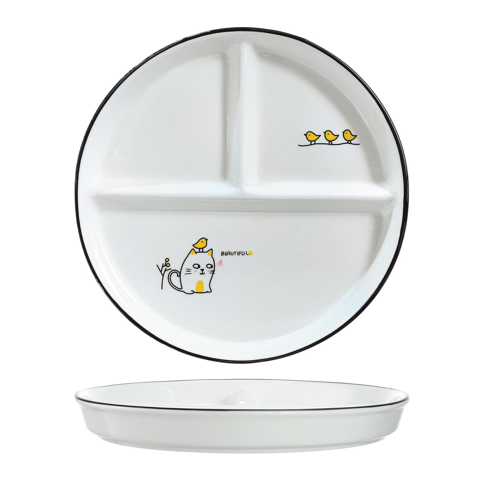 SOCOSY Ceramic 3-Compartment Portion Control Plate Divided Dish Platters, Divided Dessert Plate Salad Plate Dinner Plate Snack Dishes, Appetizer Serving Trays, 1 PCS-Birds Cat-8 Inch
