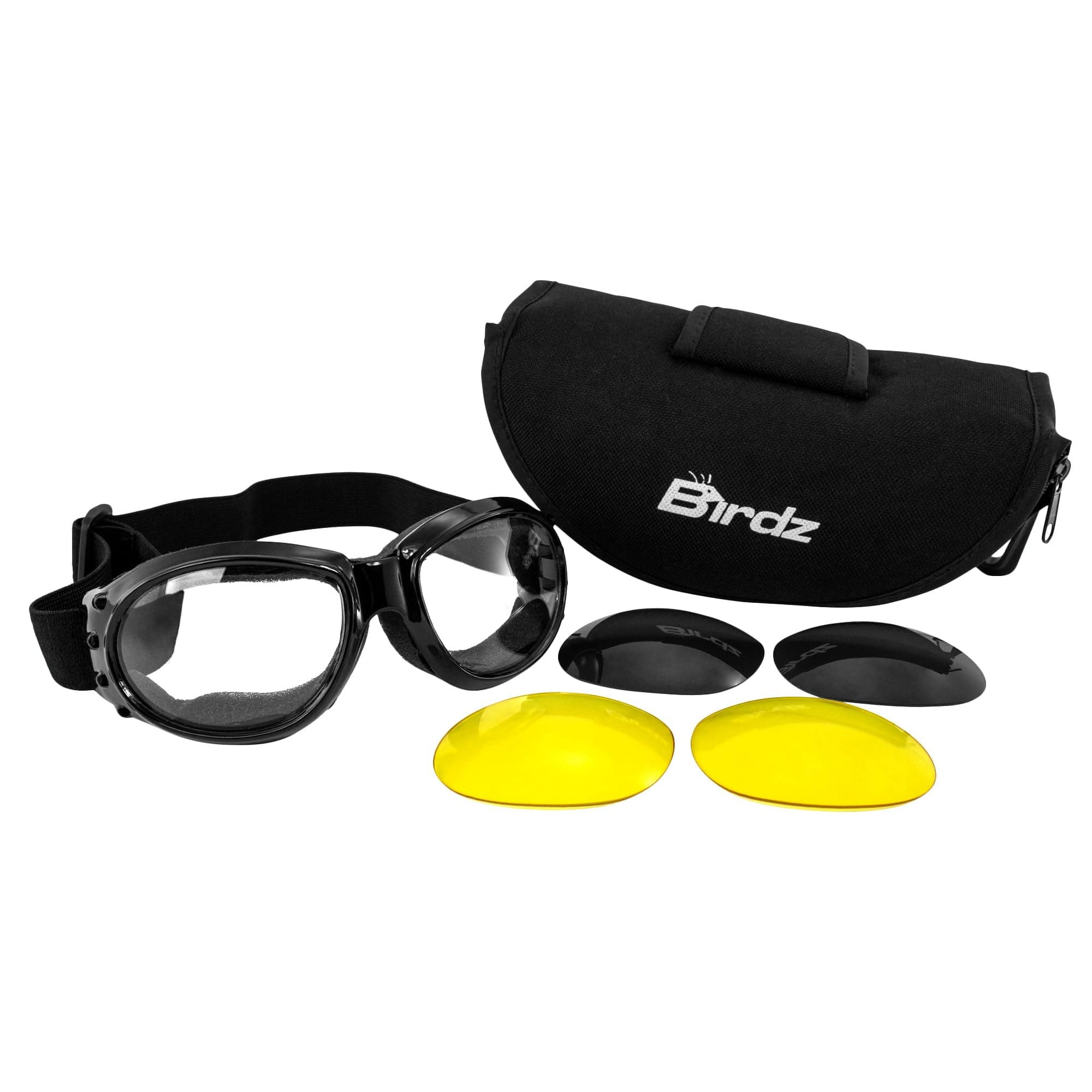 Birdz Eyewear Eagle Interchangeable Kit Motorcycle Biker Goggles Comes with Clear Smoke Yellow Lenses and a Case
