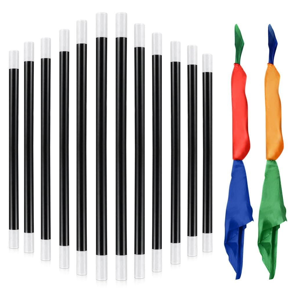Pack of 12 Magic Wand Black and White Floating Wand Plastic Trick Party Wand with 2 Four Colour Magic Scarves for Theme Party, Wizard and Magician 24.5 cm / 9.6 Inches